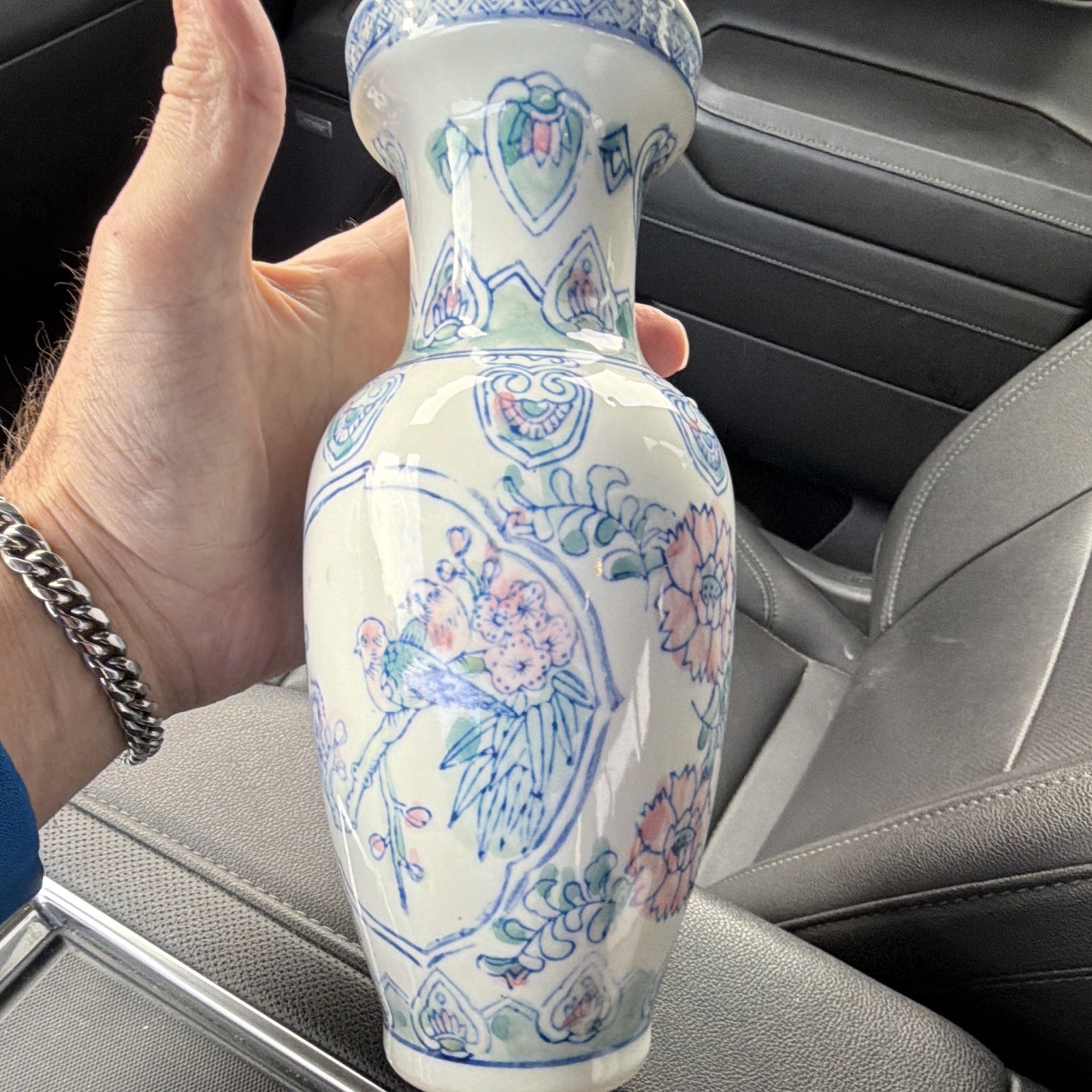 Hand Painted Floral Ceramic Bottle Vase, Glossy White Blue Pink Green Hand Painted Floral Ceramic Bottle Vase, Glossy White Blue Pink Green