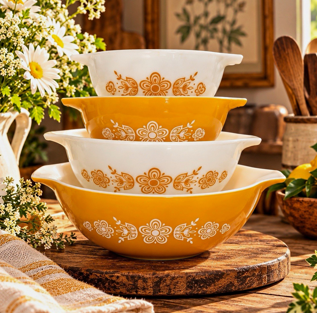 Vintage Pyrex Butterfly Gold Cinderella Bowls Complete Set of 4 -441 442 443 444