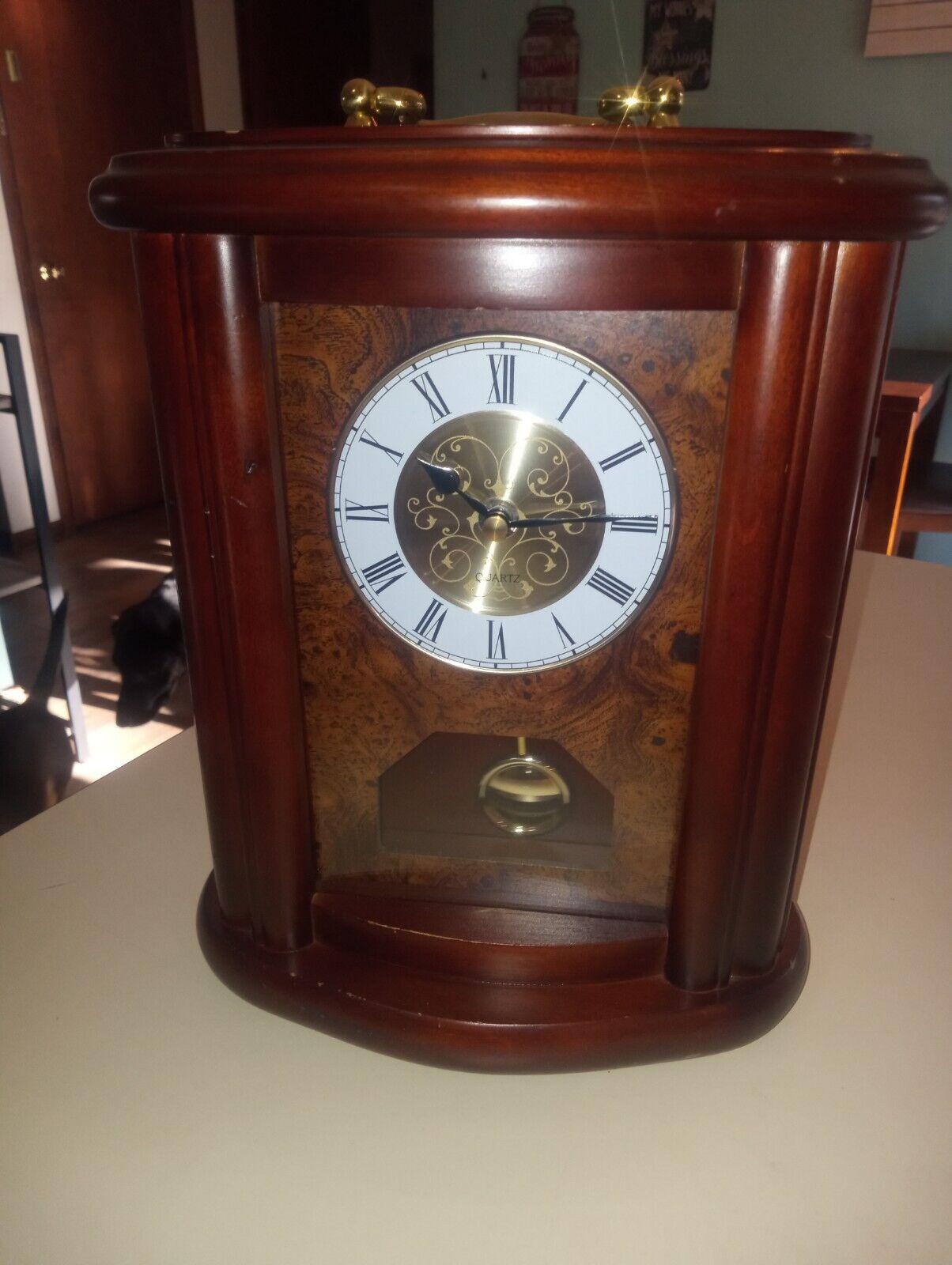 Working Quartz Mantle Clock 11 In Tall Mahogany Color No Chime