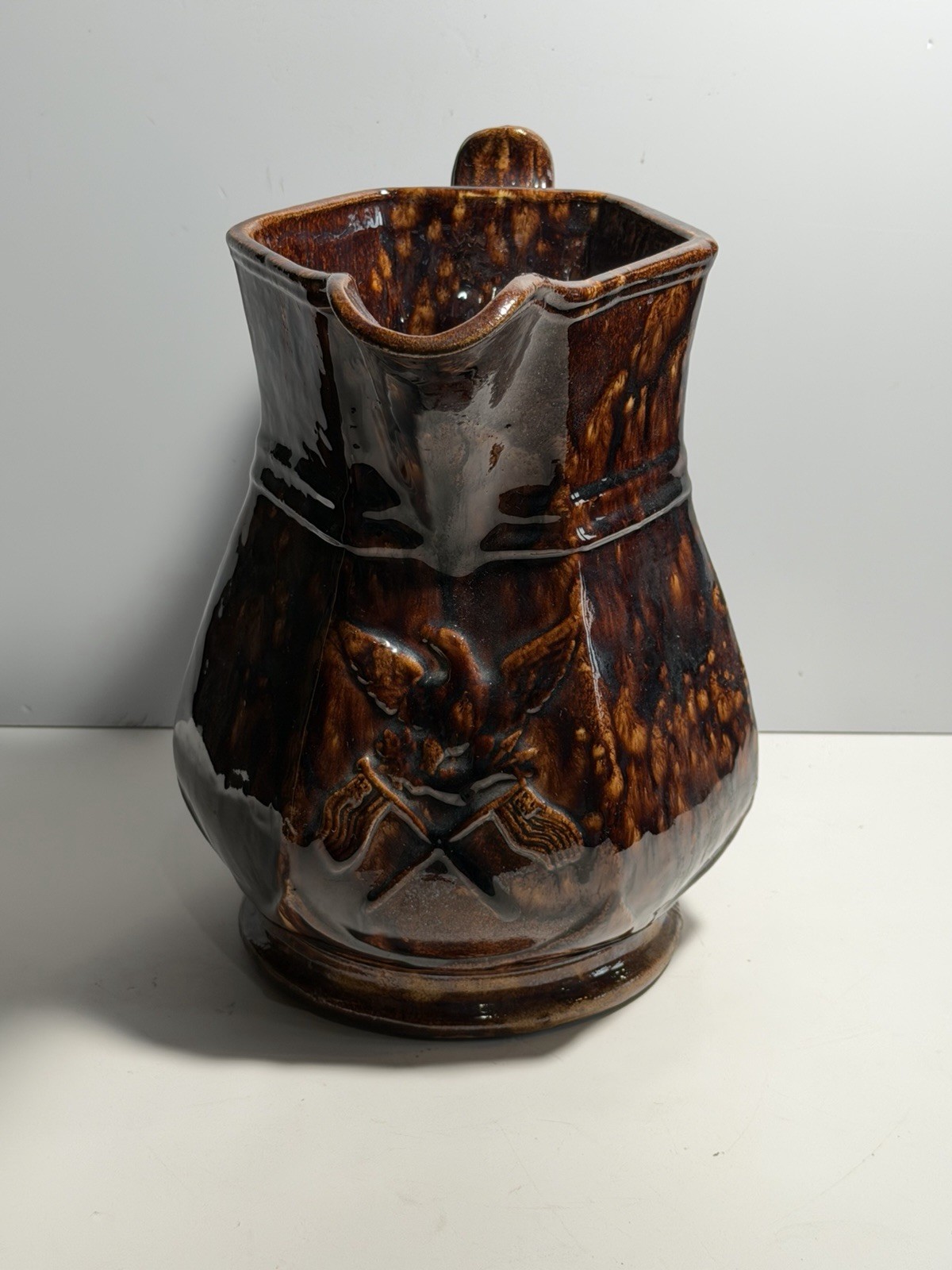 Antique 19th Century Rockingham Bennington Pitcher Eagle American Flags Antique 19th Century Rockingham Bennington Pitcher Eagle American Flags