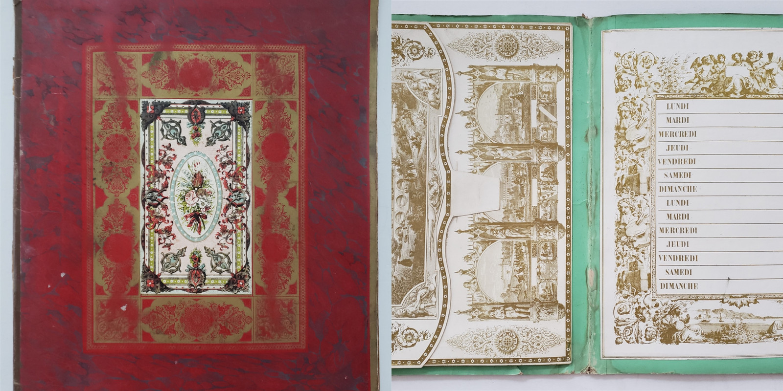 1850s antique victorian FRENCH month CALENDAR STATIONERY FOLDER pockets empty