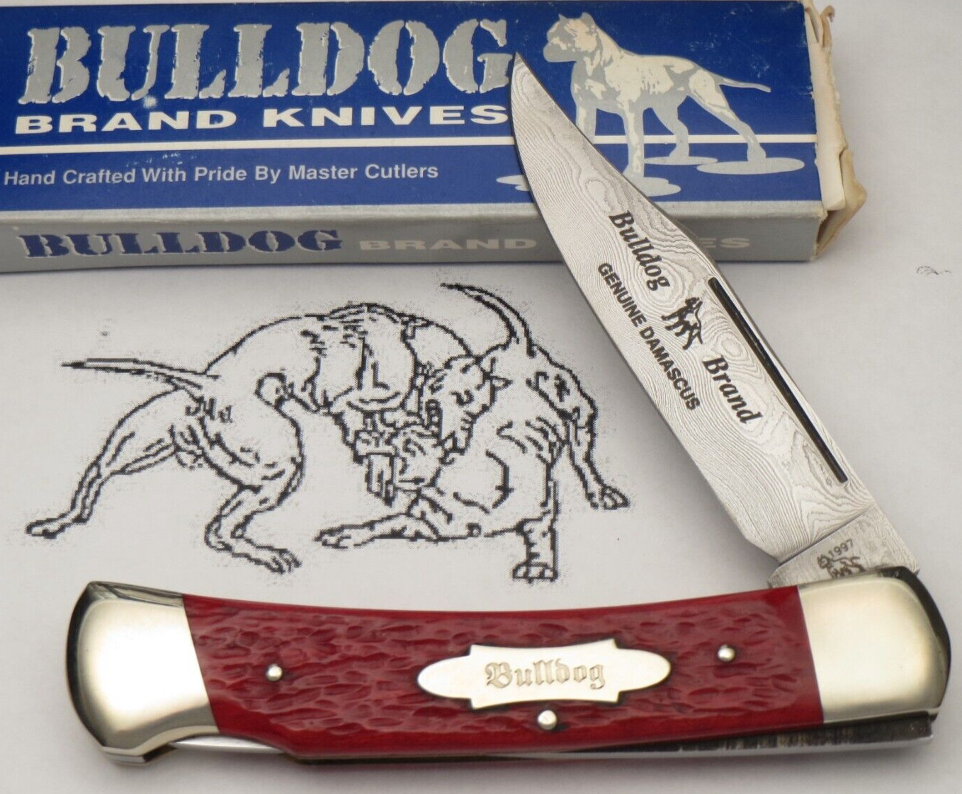 Vintage 1997 BULLDOG BRAND Solingen Single Dog Stamp Lockback Knife DAMASCUS Vintage 1997 BULLDOG BRAND Solingen Single Dog Stamp Lockback Knife DAMASCUS