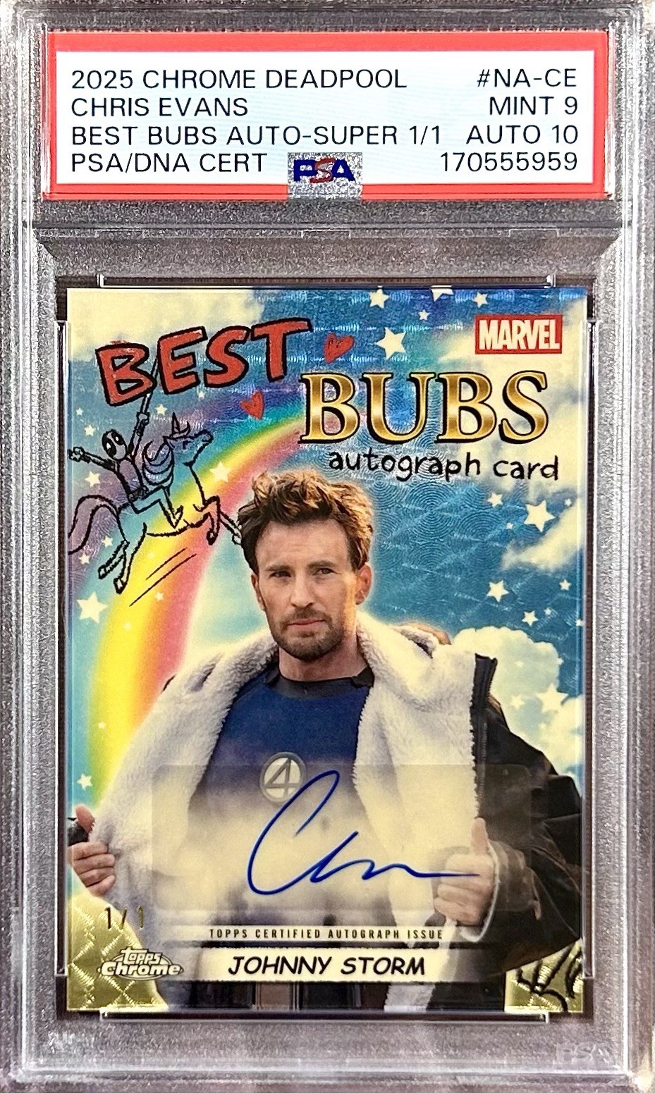 1/1 CHRIS EVANS JOHNNY STORM HUMAN TORCH TOPPS DEADPOOL CHROME AUTO SUPERFRACTOR