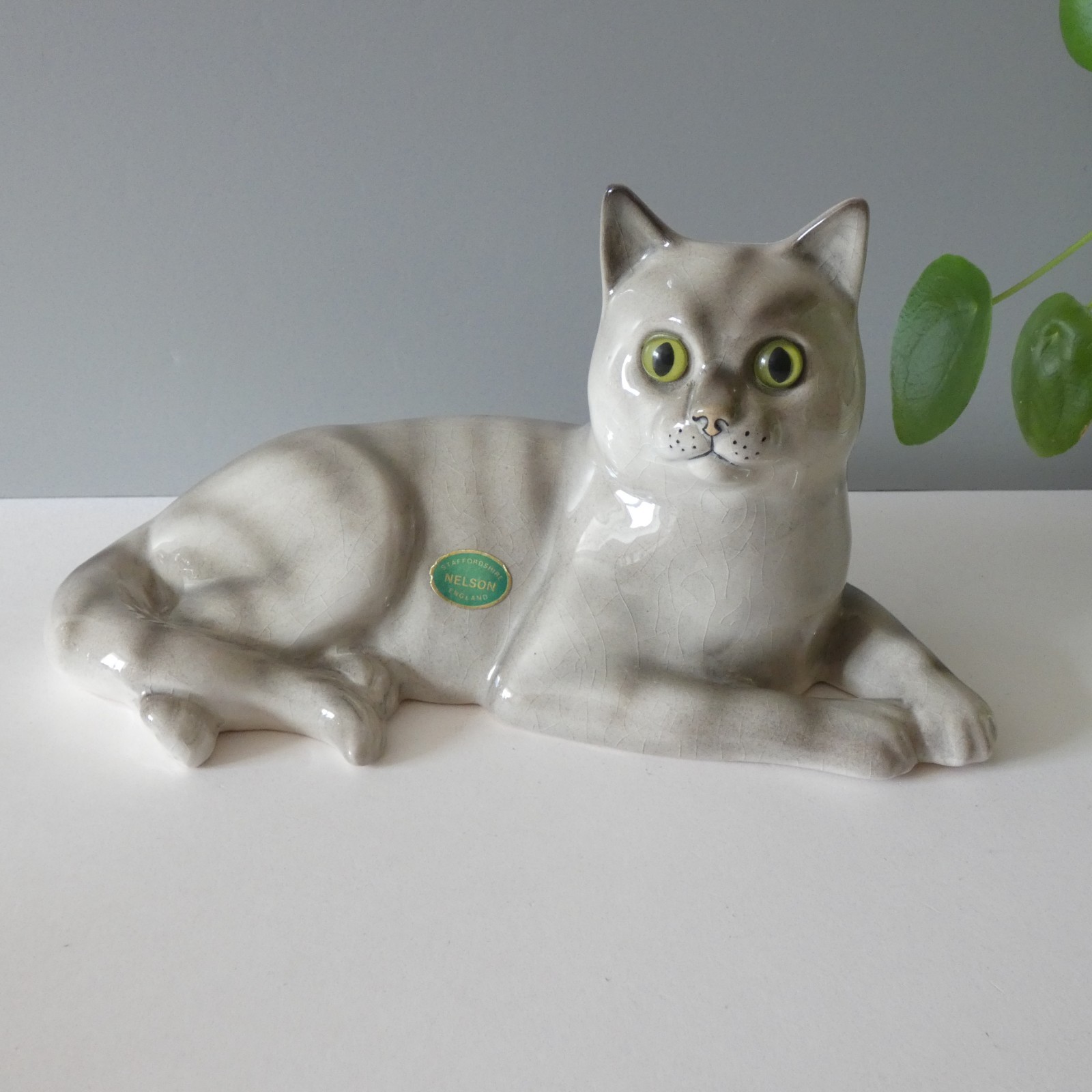 Vintage Large Cat Figurine Grey Tabby Nelson Staffordshire Green Glass Eyes Vintage Large Cat Figurine Grey Tabby Nelson Staffordshire Green Glass Eyes
