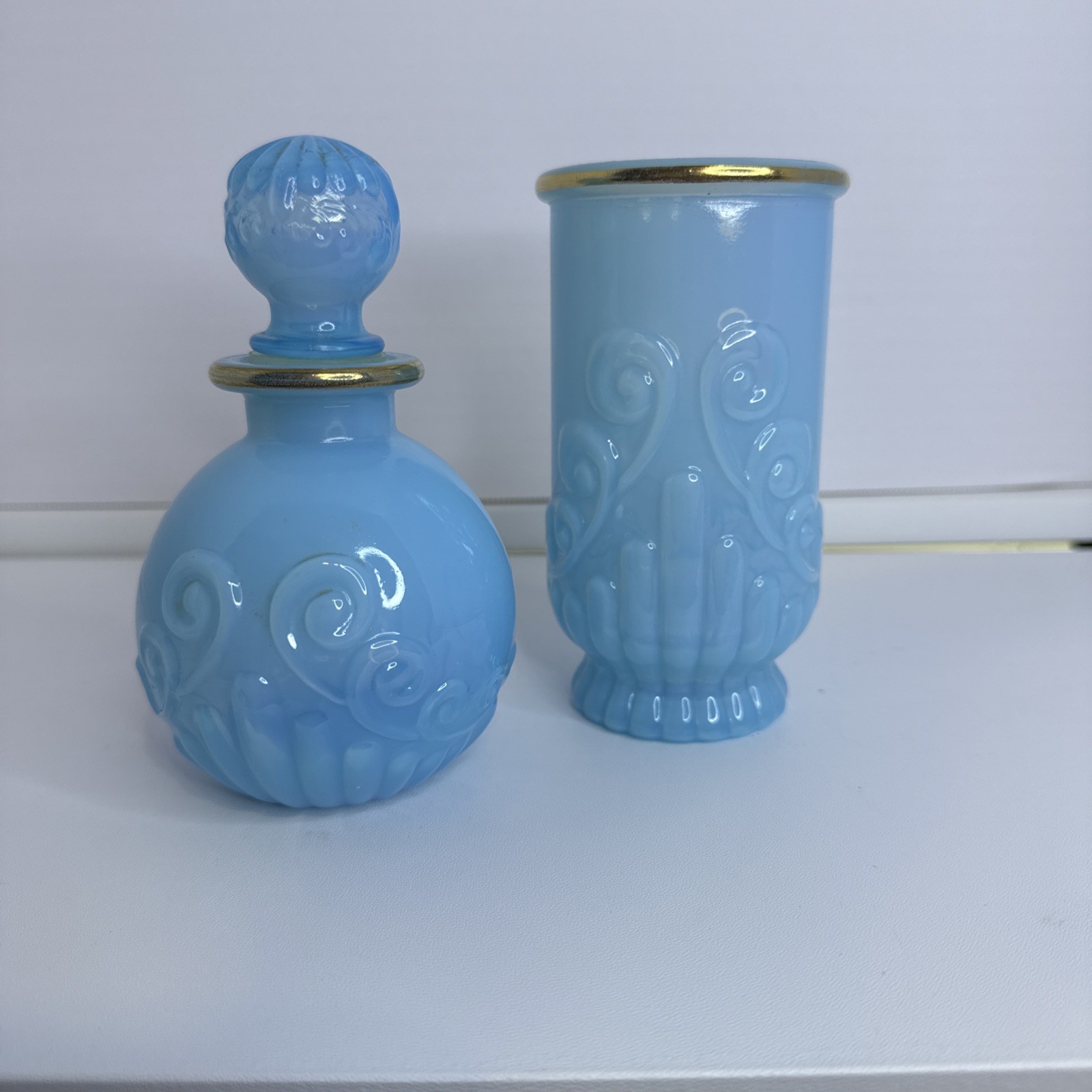 1970’s Vintage Avon Baby Blue Opalescent Glass Perfum Bottle And Glass Tumbler 1970’s Vintage Avon Baby Blue Opalescent Glass Perfum Bottle And Glass Tumbler