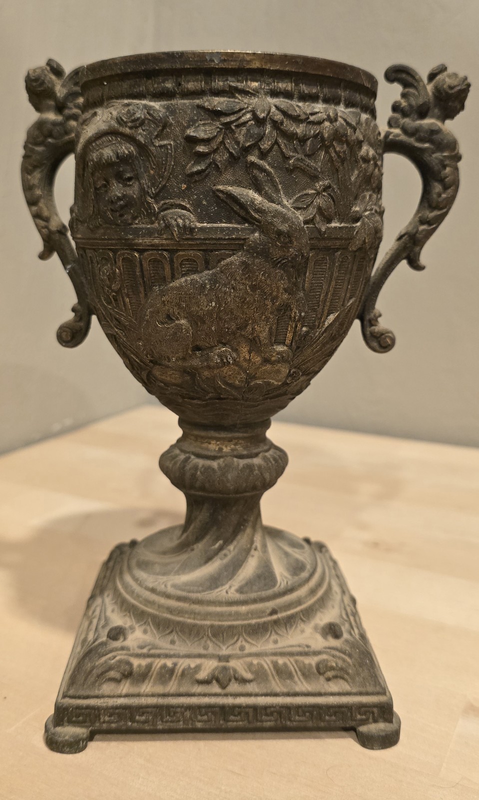 Antique Victorian Bronze Figural Urn Vase Rabbit Child Cherub Handles Antique Victorian Bronze Figural Urn Vase Rabbit Child Cherub Handles