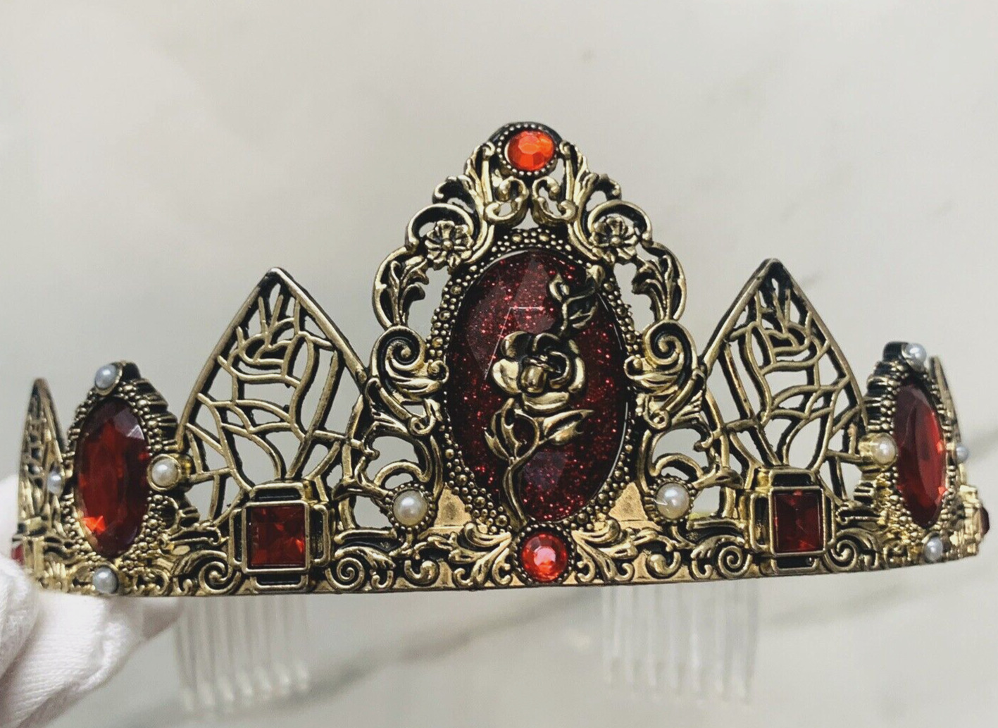 NICE Disney Princess GOLD Tiara Crown RED GLITTER Headband BEAUTY & THE BEAST