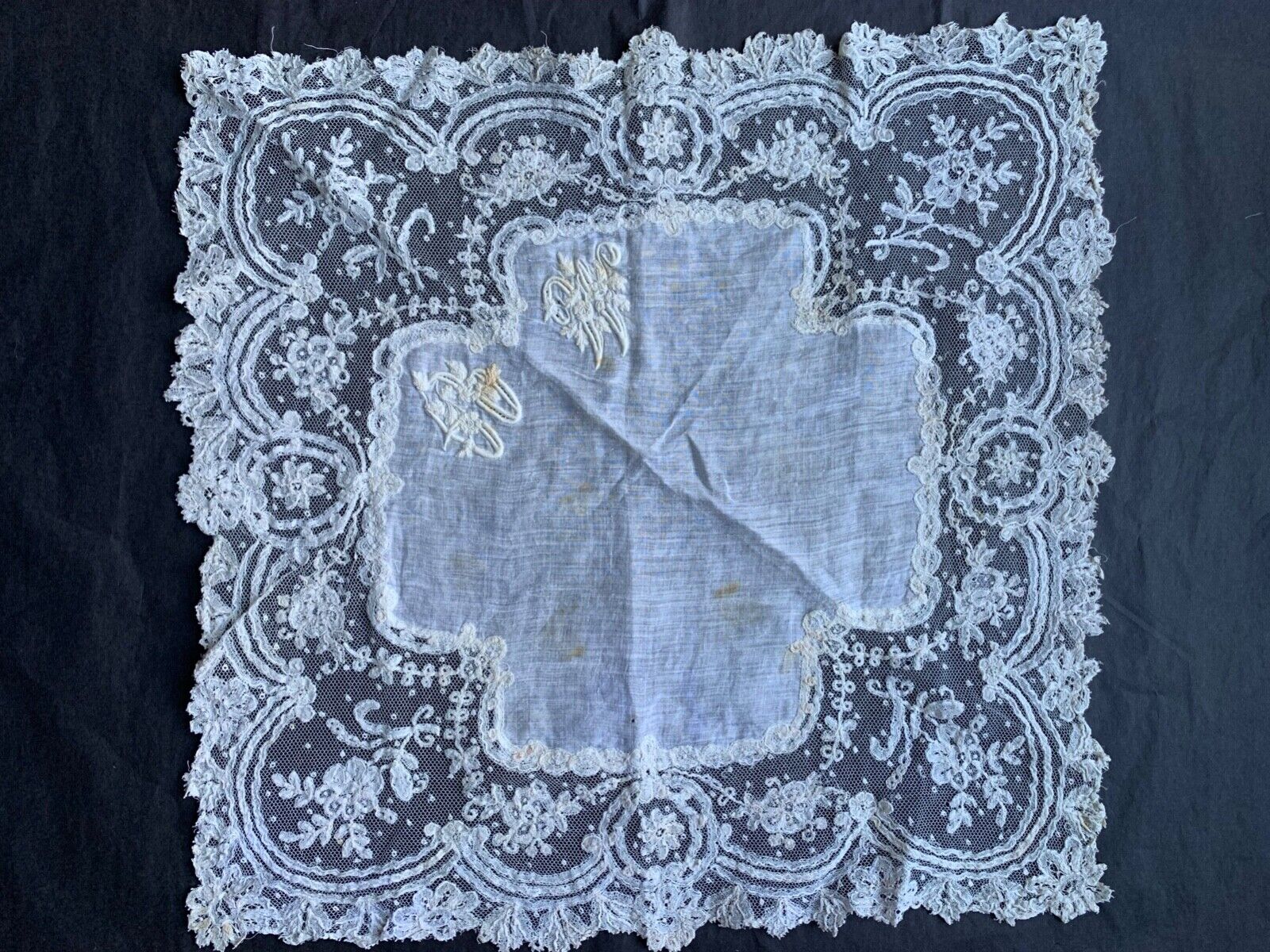 Superb Antique Hand Embroidered Lace handkerchief - Point de Gaze Lace 12 1/2\