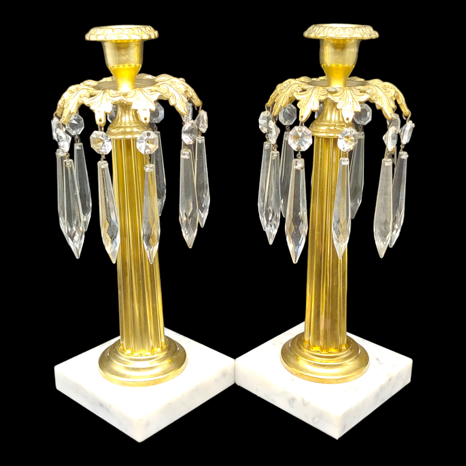 Polished Brass Marble Candlestick Pair - 11\