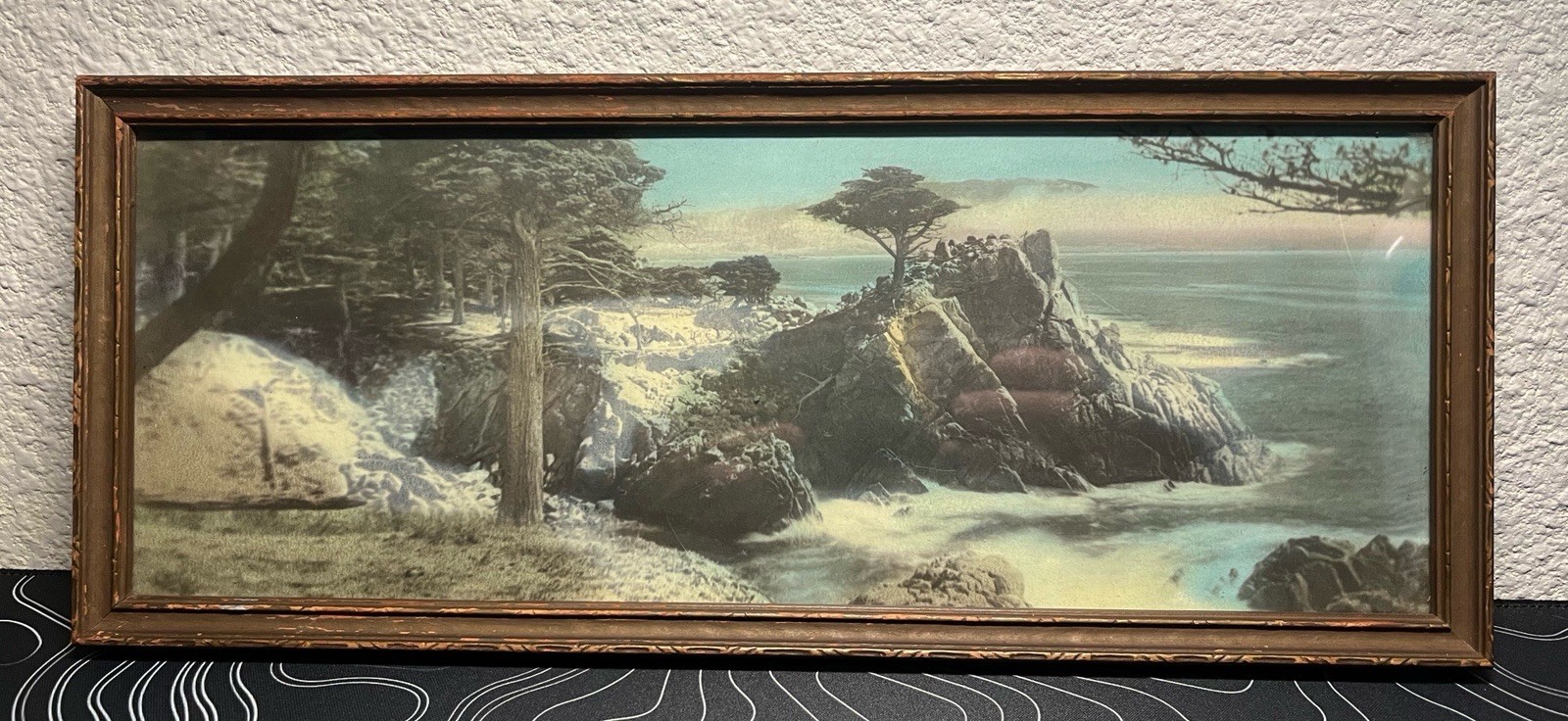 Antique Lone Cypress Monterey California Hand-Tinted Framed 14 5/8" x 6""