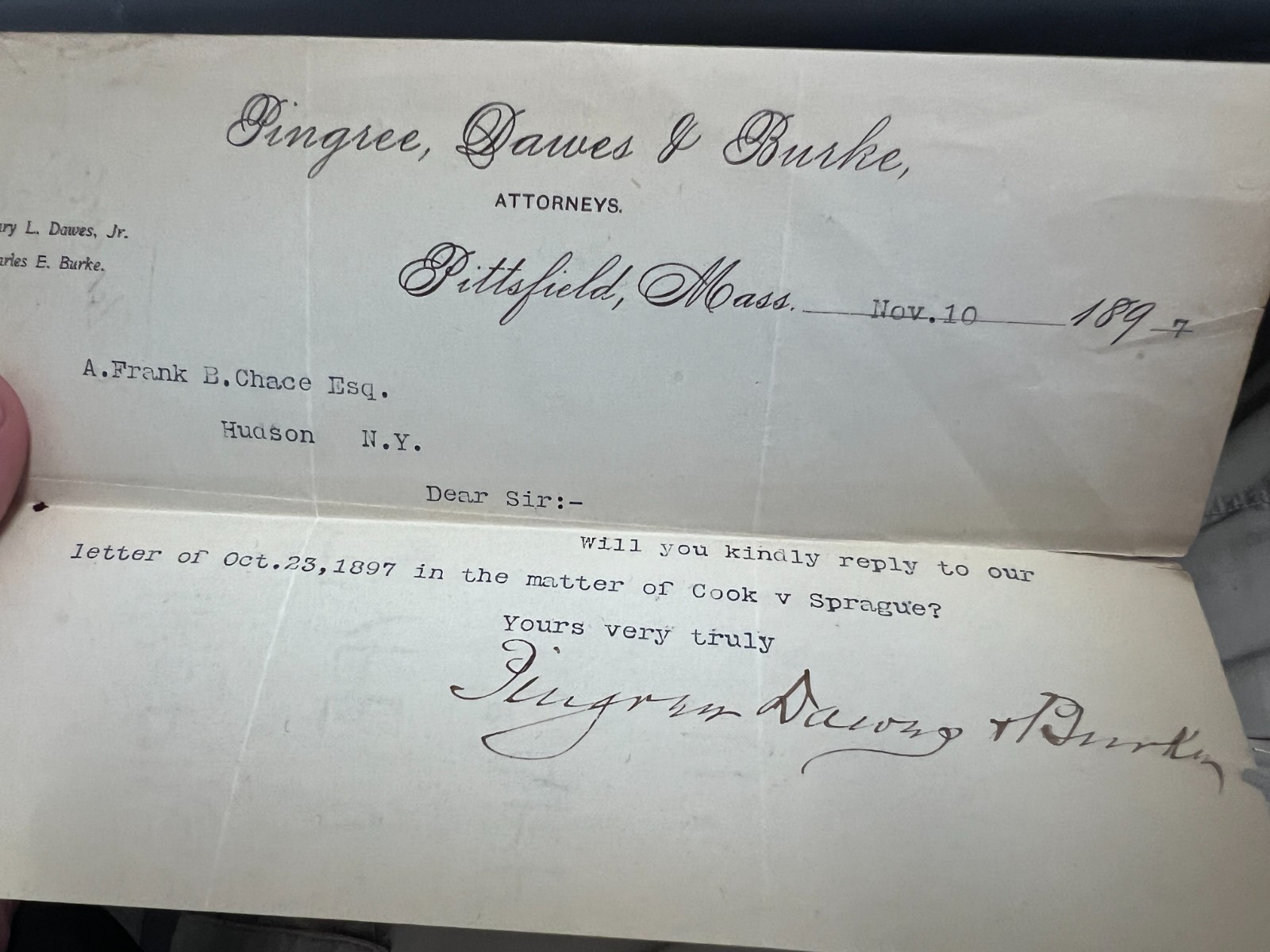 1897 Pingree Dawes Burke  Attorneys Pittsfield MA Cook v Sprague Letter