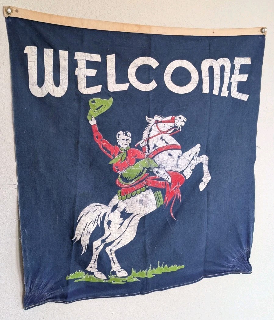 Vintage 1940's Cowboy Rodeo Welcome Banner Flag Western Ranch Blue Wall Art 33" Vintage 1940's Cowboy Rodeo Welcome Banner Flag Western Ranch Blue Wall Art 33"