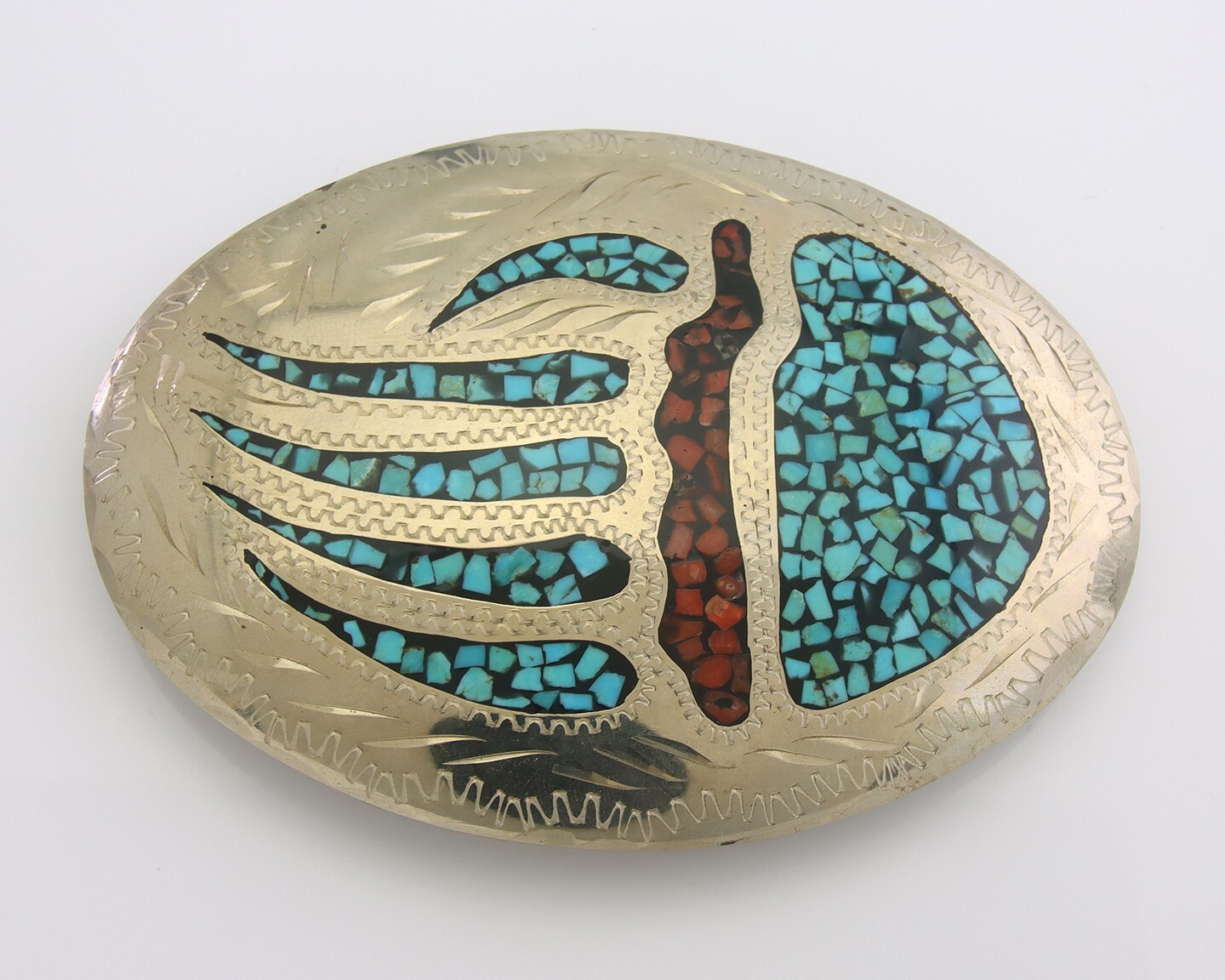 Navajo Belt Buckle .999 Nickel Gemstone Handmade Signed AL 3.0 x 4.0 in C.80s