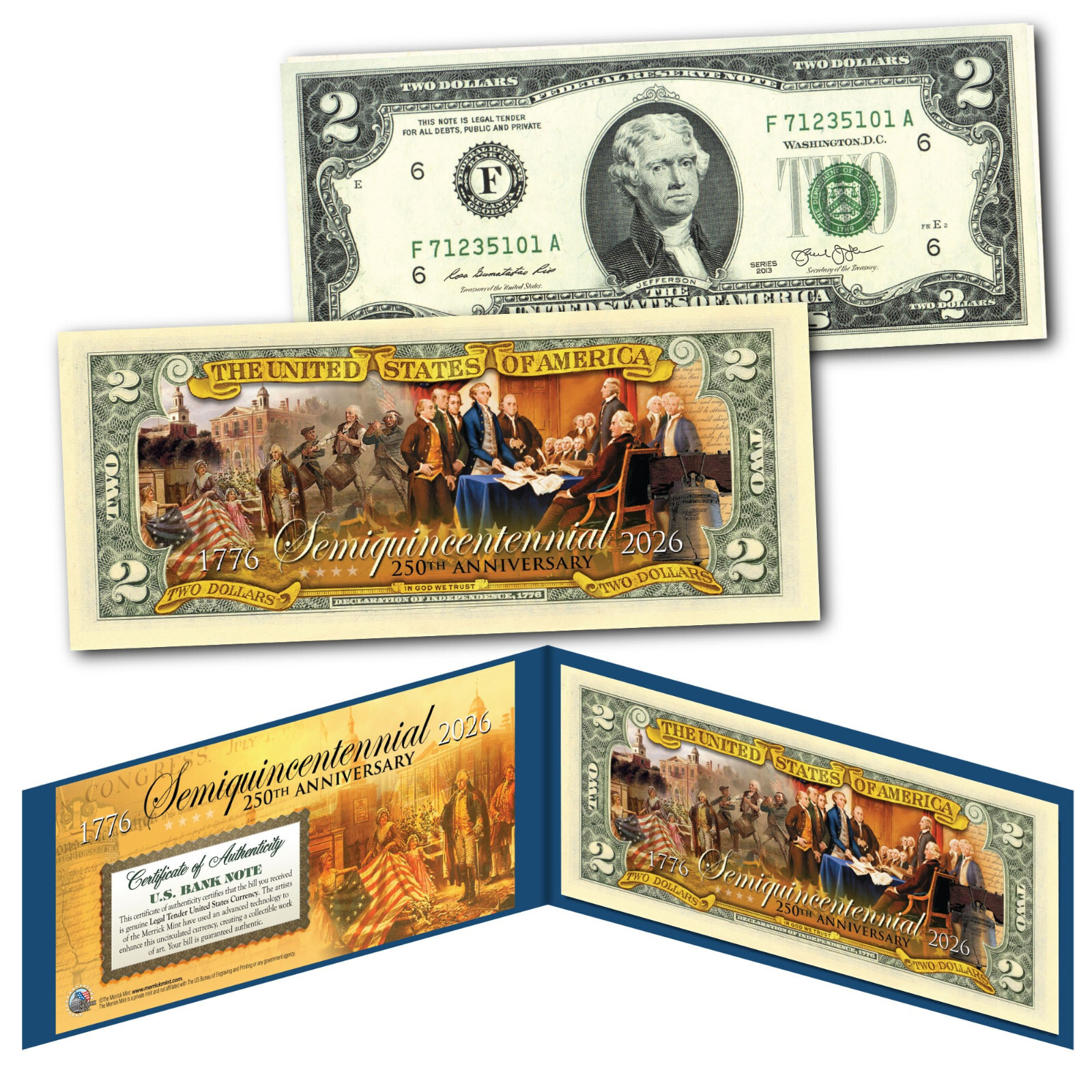USA Semiquincentennial 250th Anniversary 1776 - 2026 July 4 Official $2 US Bill 