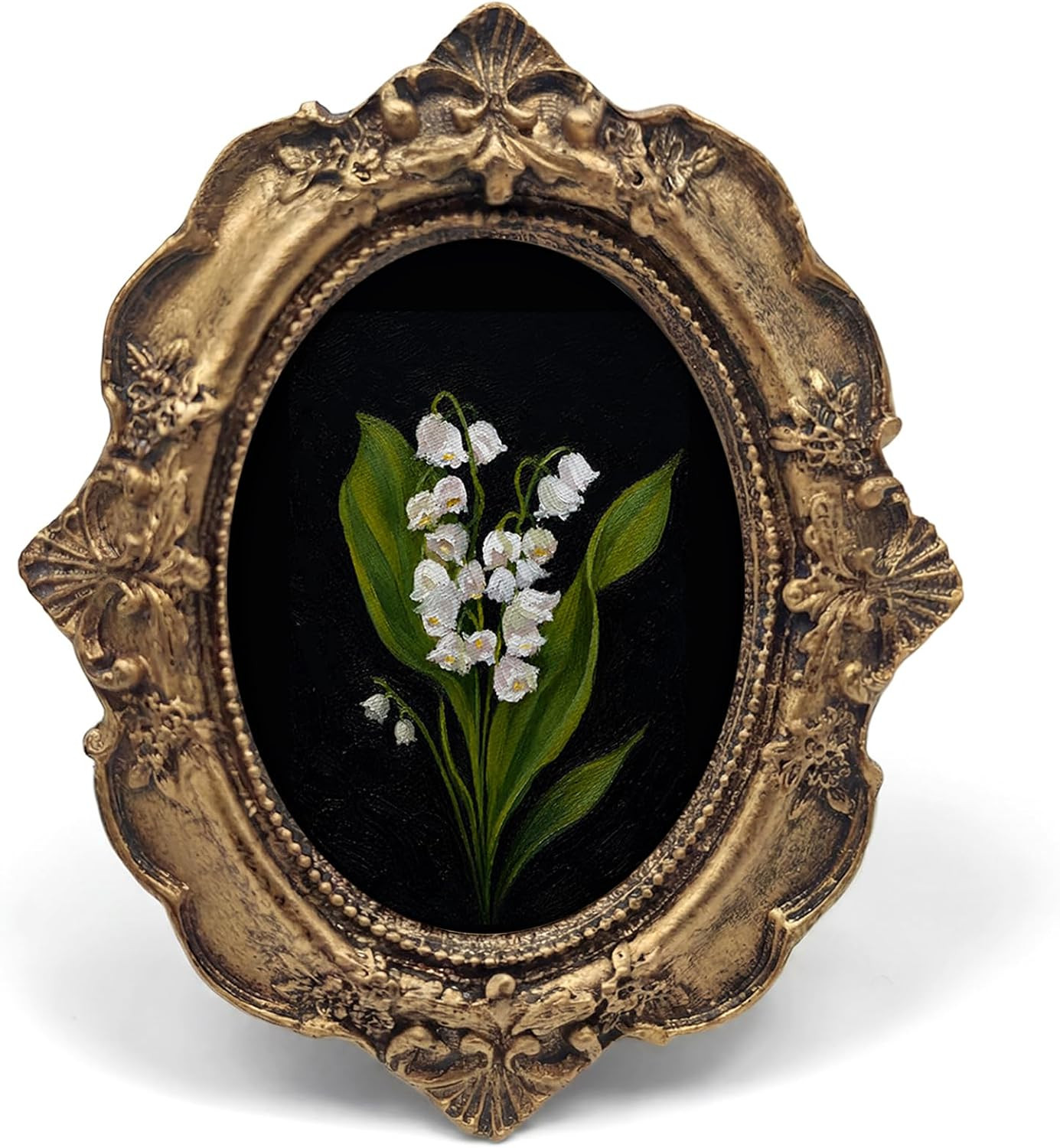 Vintage Flower Lily of the Valley Small Oval Picture Frame, Dark Academia Black Vintage Flower Lily of the Valley Small Oval Picture Frame, Dark Academia Black
