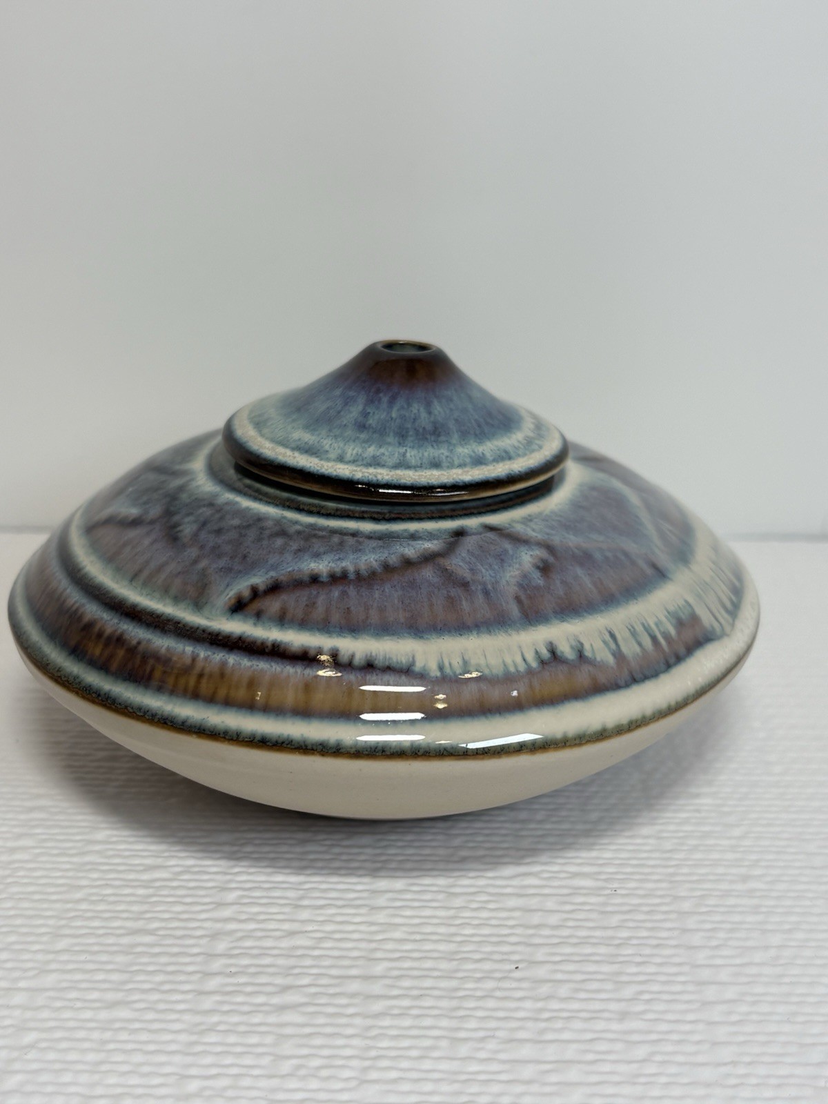 Vintage Hand Thrown Pottery Oil Lamp Burner Signed Blue Brown Drip Glaze Vintage Hand Thrown Pottery Oil Lamp Burner Signed Blue Brown Drip Glaze