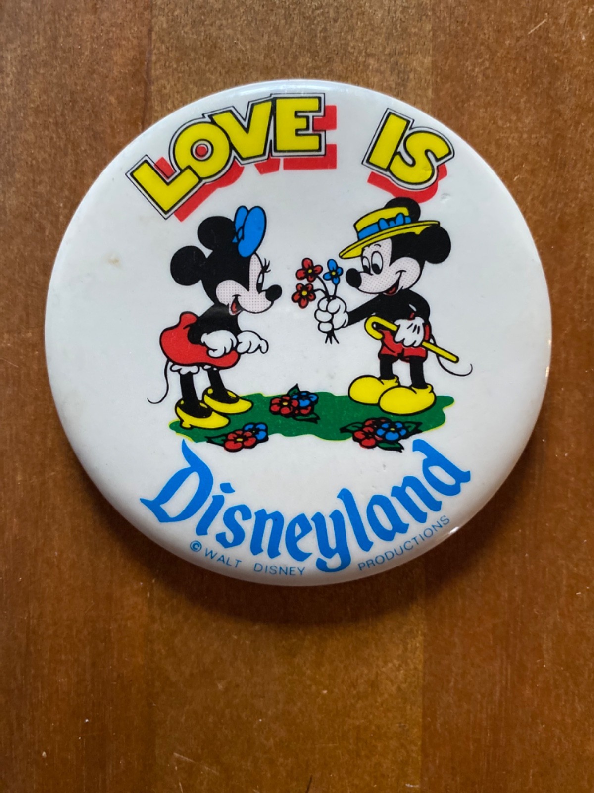 Vintage 1970s Disneyland Love Is Mickey Minnie Mouse 4" Pinback Button Disney