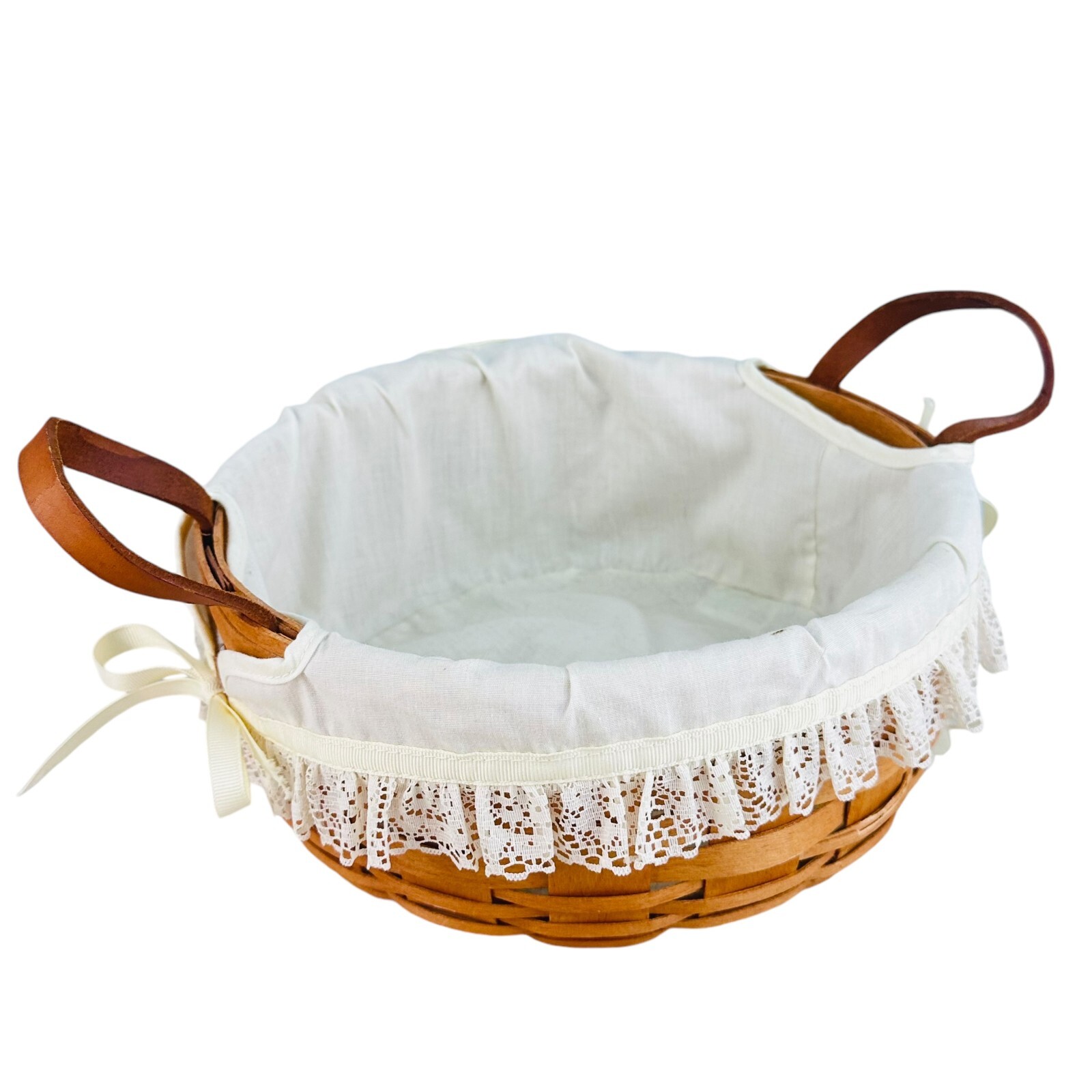 Vtg 1990 Longaberger Rd Basket w fabric white liner USA Made 9.5"W Vtg 1990 Longaberger Rd Basket w fabric white liner USA Made 9.5"W