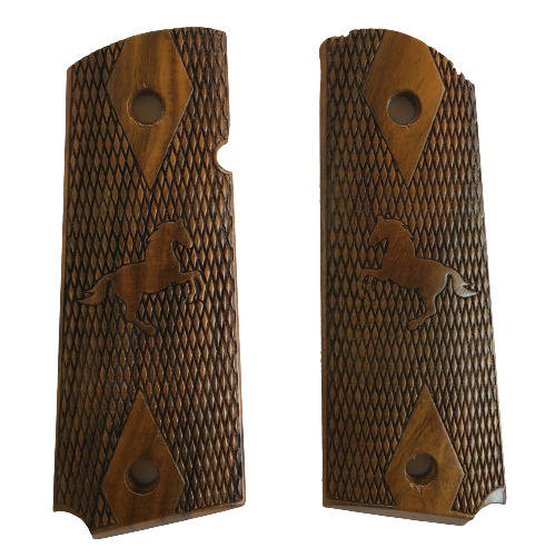 Dark Walnut Checkered Walnut Wood Grips for Colt 1911 .45 Repro (Designer Horse)