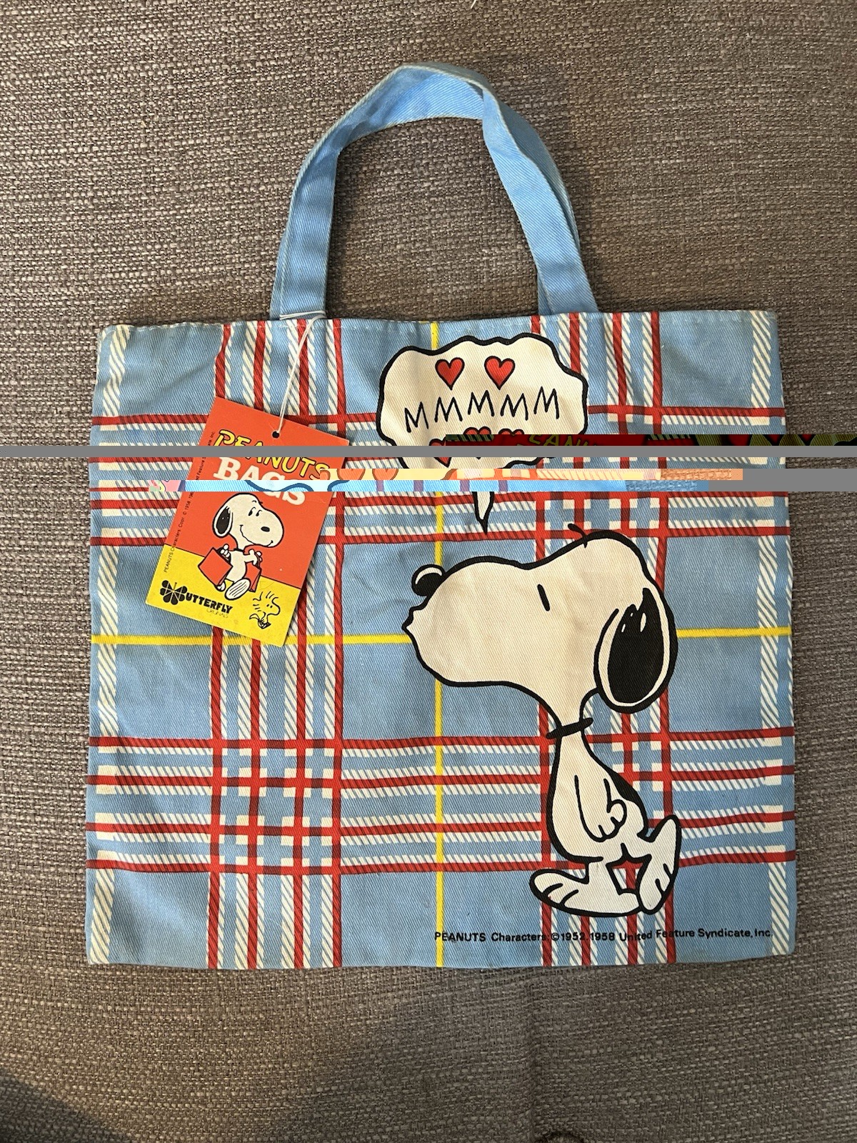 Rare Vtg 1965 Peanuts Snoopy Lucy Canvas Lunch Bag Tote plaid deadstock nwt 
