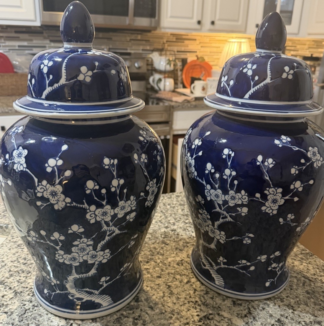 Blue White Chinese Porcelain Plum Tree Blossoms Ginger Jar Vintage Set Of 2