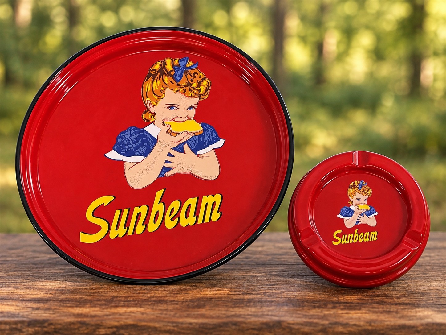 Rare Sunbeam Bread Little Miss Sunbeam Porcelain Enamel Tray Ashtray Set Rare Sunbeam Bread Little Miss Sunbeam Porcelain Enamel Tray Ashtray Set