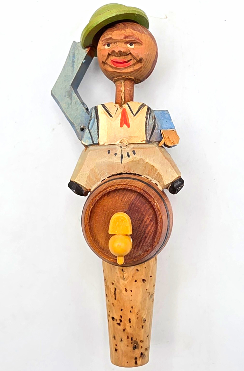 Vintage Aryiculated Wooden Figurine Bottle Stopper w/ Cork, Barrel Hat, Folk Art Vintage Aryiculated Wooden Figurine Bottle Stopper w/ Cork, Barrel Hat, Folk Art
