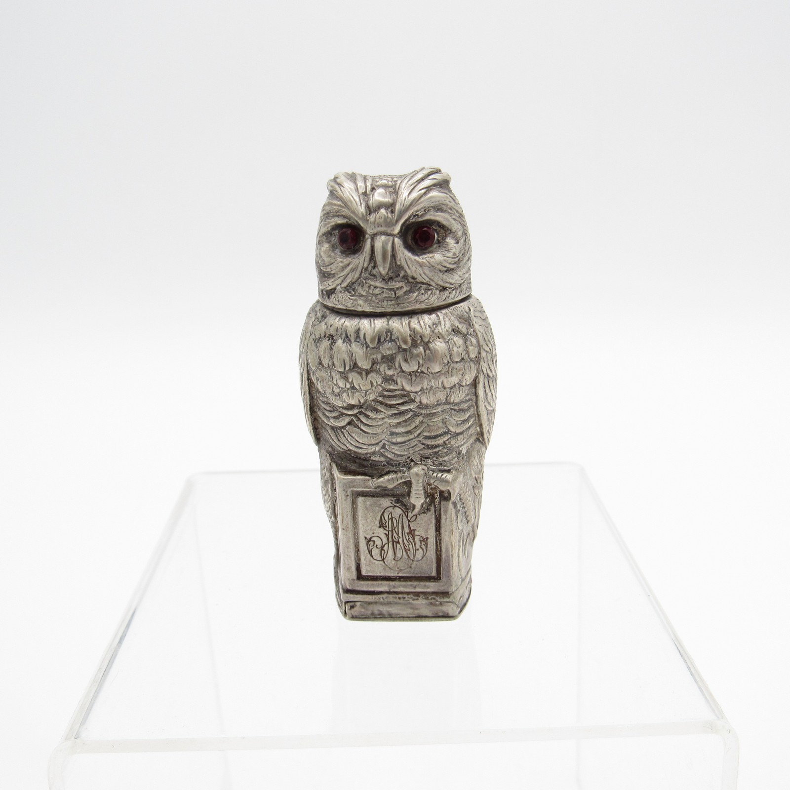 Antique Sterling Owl with Jeweled Red Eyes, Silver Antique Sterling Owl with Jeweled Red Eyes, Silver
