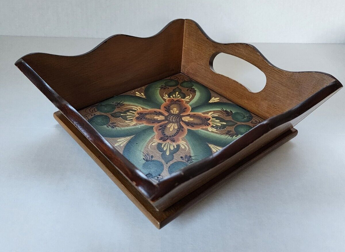 Vintage Scandinavian style tole hand painted folk art wood tray Wisconsin signed Vintage Scandinavian style tole hand painted folk art wood tray Wisconsin signed