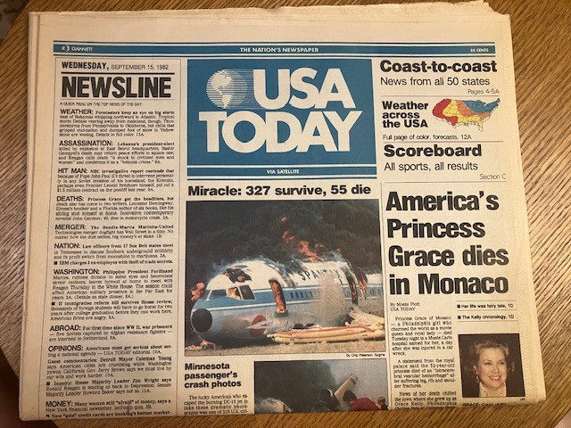 USA Today - Newsstand Copy First Day of Issue September 15, 1982 Grace Kelly USA Today - Newsstand Copy First Day of Issue September 15, 1982 Grace Kelly