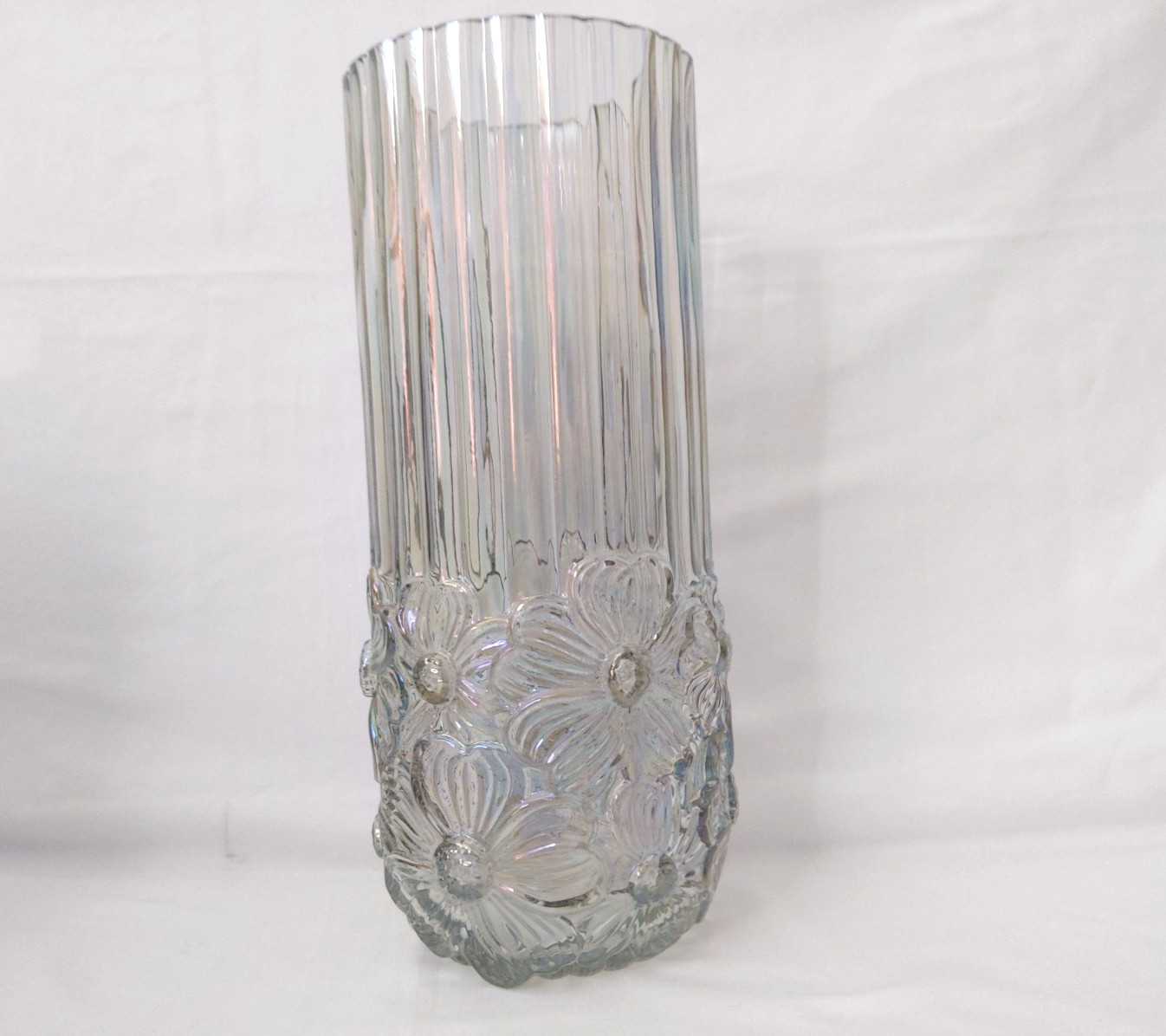 Vintage Crystal Iridescent Vase Floral Bottom Chromatic Fluted Upper Tall Clear Vintage Crystal Iridescent Vase Floral Bottom Chromatic Fluted Upper Tall Clear
