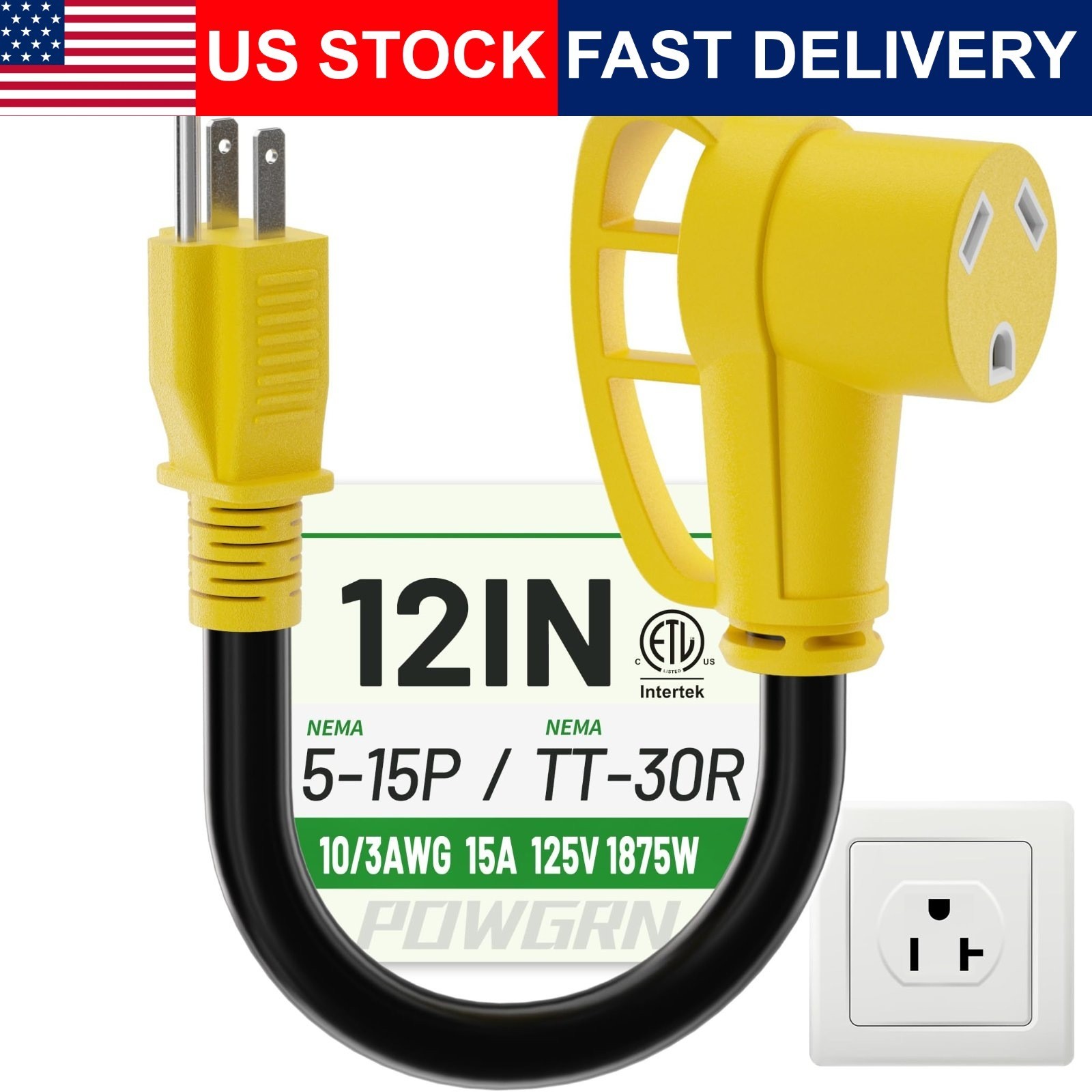 RV 30 Amp To 110V Adapter Cord 12 Inch NEMA 5 15P TT 30R Yellow Waterproof ETL RV 30 Amp To 110V Adapter Cord 12 Inch NEMA 5 15P TT 30R Yellow Waterproof ETL