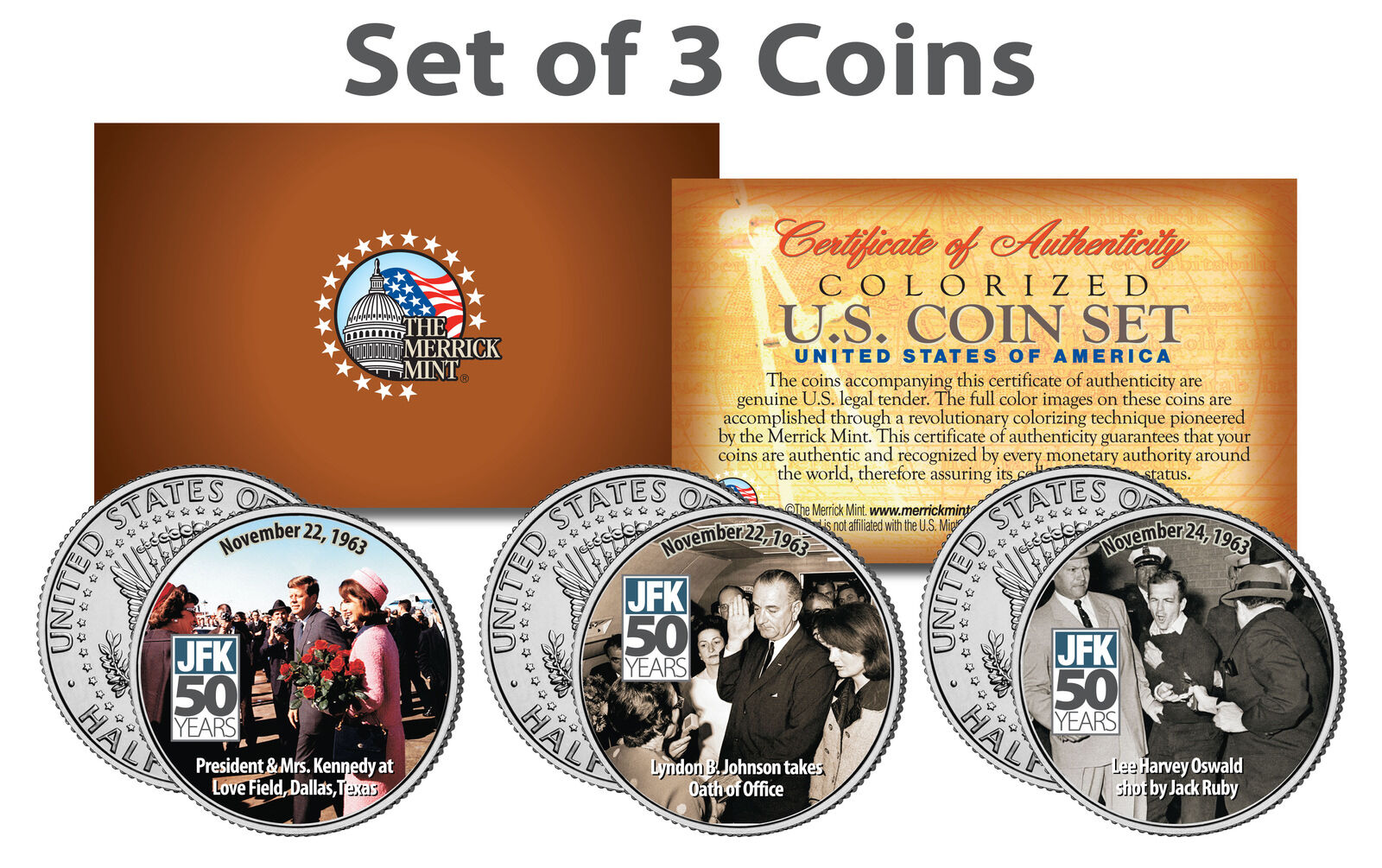 John F. Kennedy 50th ANNIVERSARY of the ASSASSINATION JFK Half Dollar 3-Coin Set