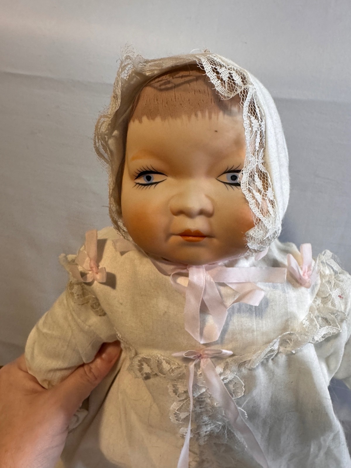 Vintage Style Ceramic Head Cloth Body Baby Doll Blue Eyes Bonnet 20" Unmarked Vintage Style Ceramic Head Cloth Body Baby Doll Blue Eyes Bonnet 20" Unmarked
