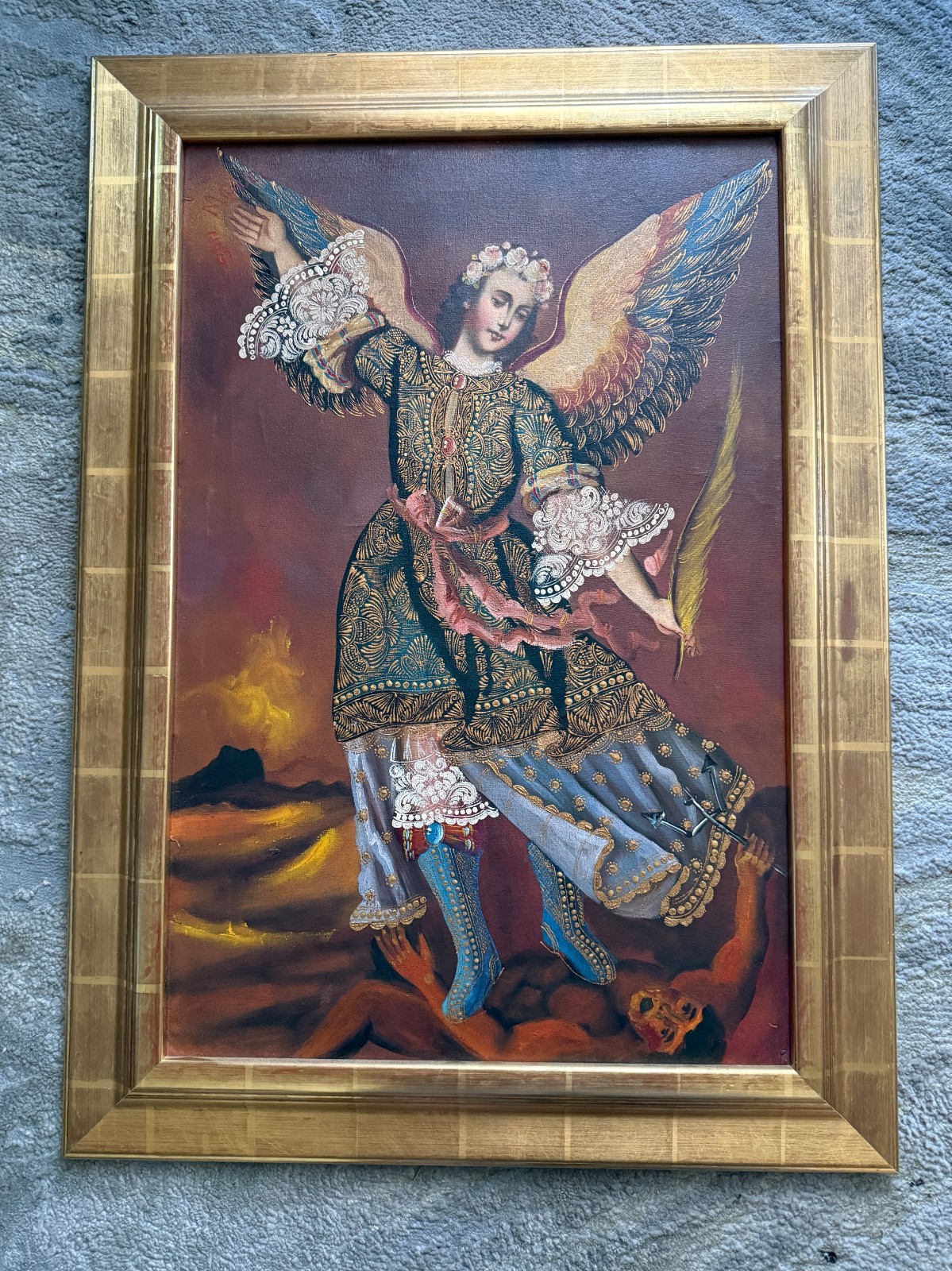 Vintage Archangel Michael Defeating Satan Painting Gold Textured Religious Frame Vintage Archangel Michael Defeating Satan Painting Gold Textured Religious Frame