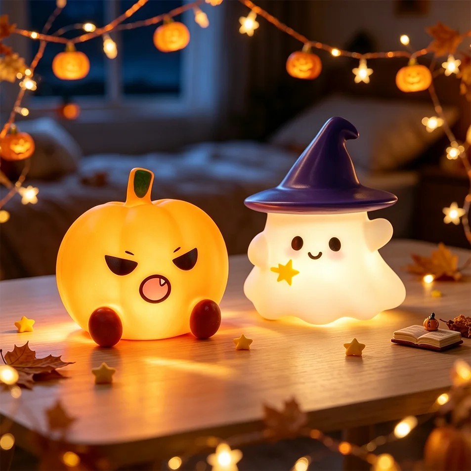 Halloween Cute Ghost Witch Hat Pumpkin Night Light Silicone LED Lamp Desktop Orn