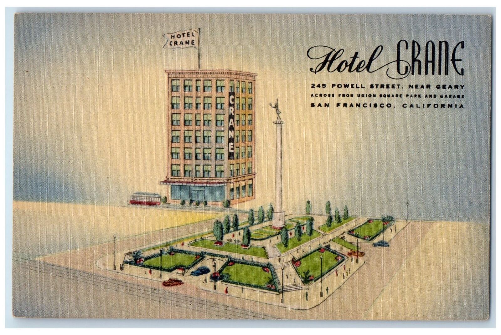 c1940\'s Hotel Crane Classic Cars Bus Restaurant Powell San Francisco CA Postcard