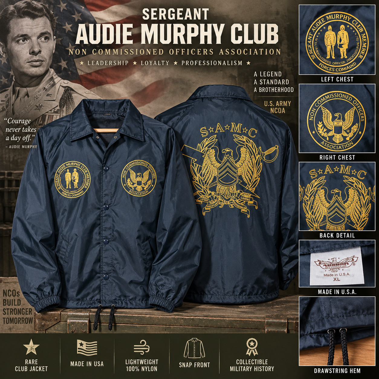 Sergeant Audie Murphy Club NCOA Jacket Auburn Sportswear USA XL Rare SAMC Sergeant Audie Murphy Club NCOA Jacket Auburn Sportswear USA XL Rare SAMC