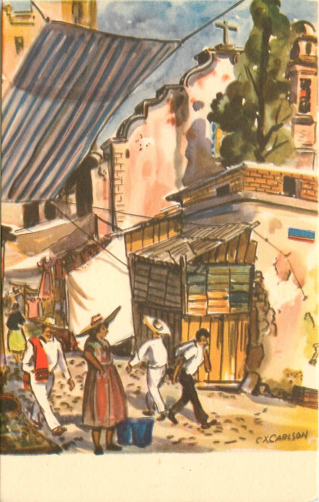 1940s Art Postcard; Watercolor View of Cuernavaca Mexico, Signed C.X. Carlson