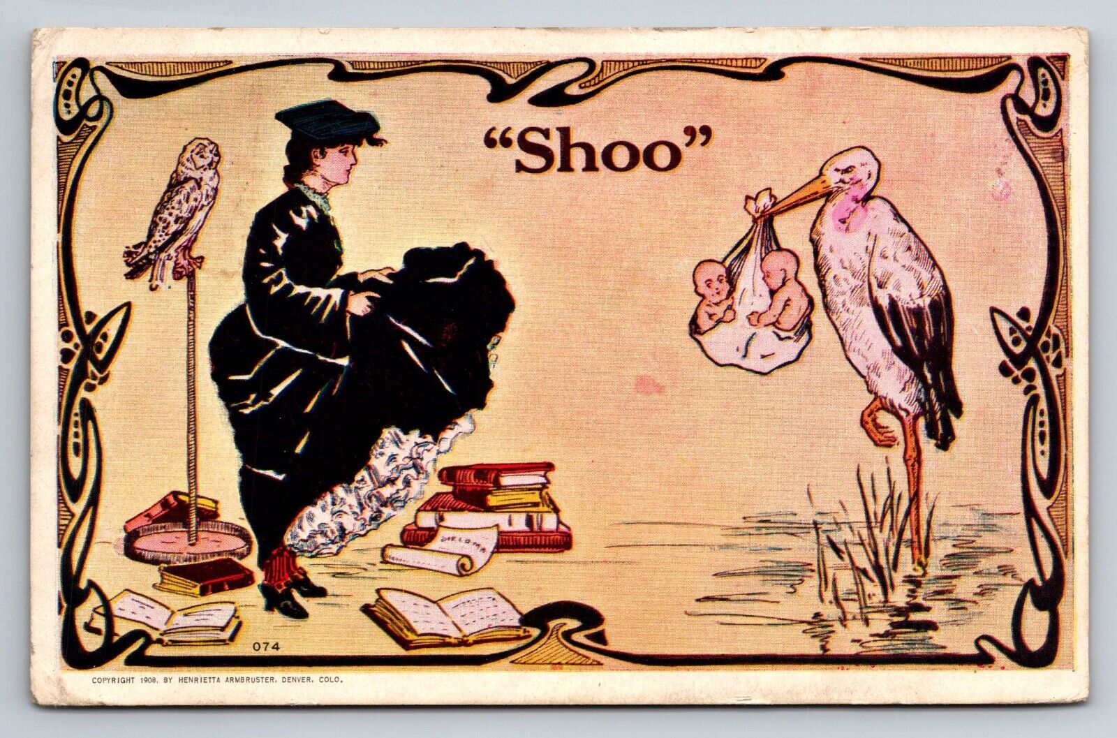 Shoo Stork Bringing Twin Babies Vintage Posted 1908 Postcard