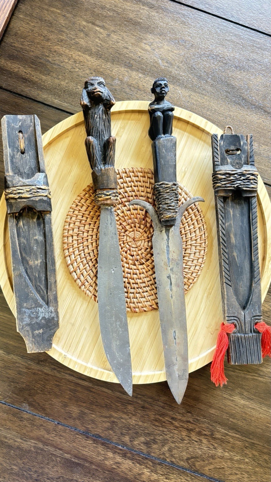 Vintage Philippine Ifugao Hinalung Pinahig Knives Carved Handles Scabbards