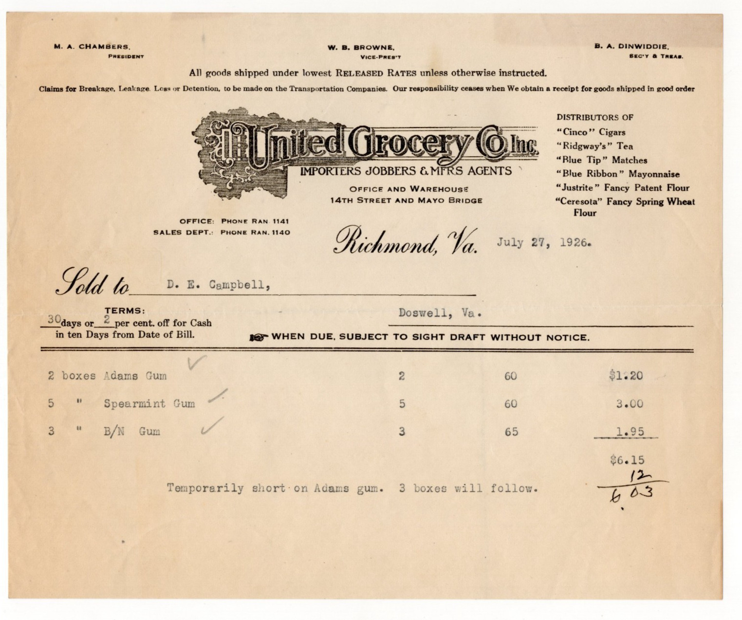 c1920s - United Grocery Co Richmond VA Candy Gum Order Receipt - XL5B