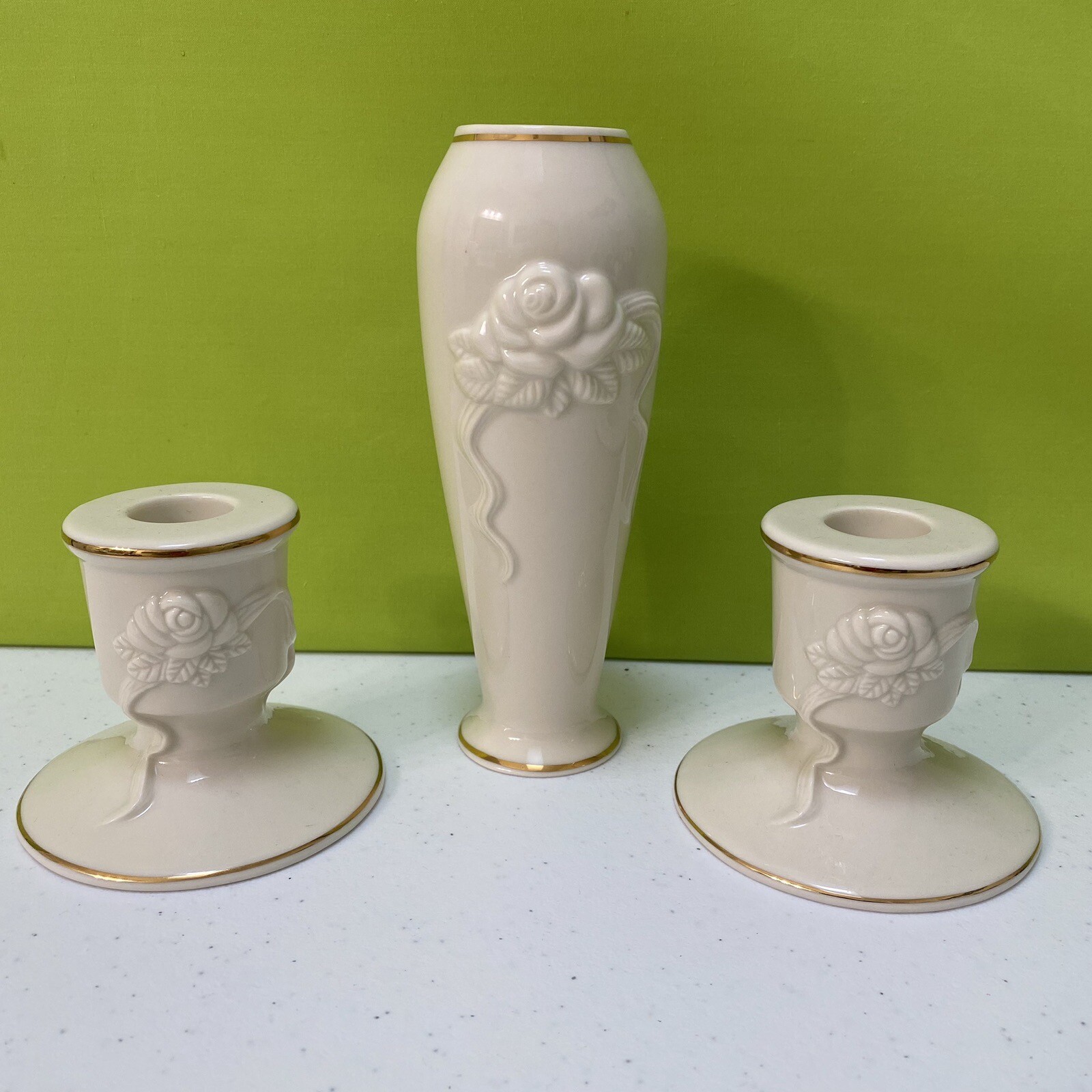 Lenox Rose Flower Vase 6" Candlestick Candle Holders 3pc Set