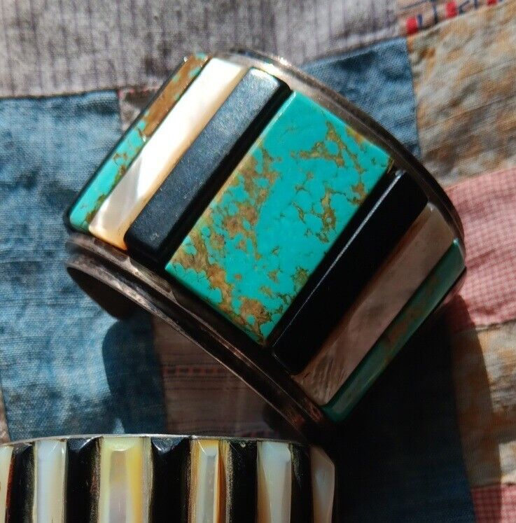 Huge Vintage Native Anerican Turquoise & Mother Of Pearl Cuff