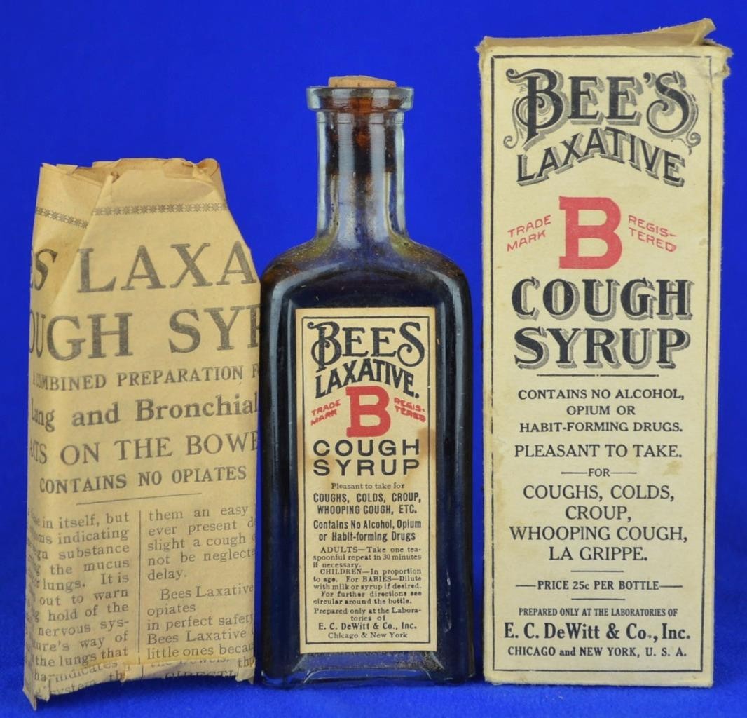 ANTIQUE c1908 BEE'S LAXATIVE COUGH SYRUP BOX, INSERT AND UNUSED BOTTLE - DeWitt ANTIQUE c1908 BEE'S LAXATIVE COUGH SYRUP BOX, INSERT AND UNUSED BOTTLE - DeWitt