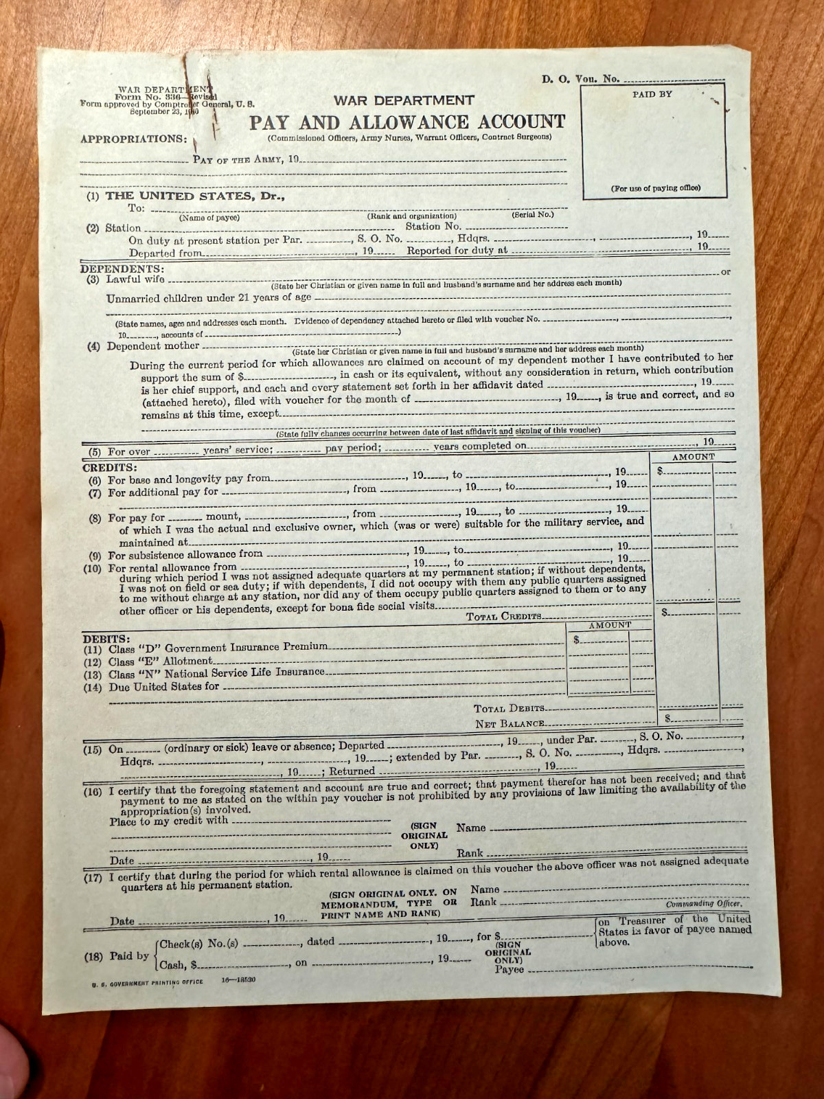 FREE SHIP 1940 WWII War Department Pay and Allowance Account Form Blank Beige FREE SHIP 1940 WWII War Department Pay and Allowance Account Form Blank Beige