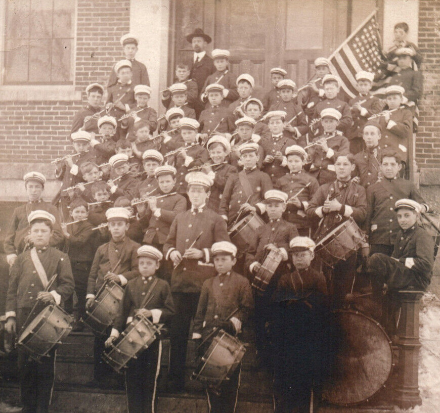 Patriotic 45 Star American Flag Boys Band RPPC Real Photo Postcard