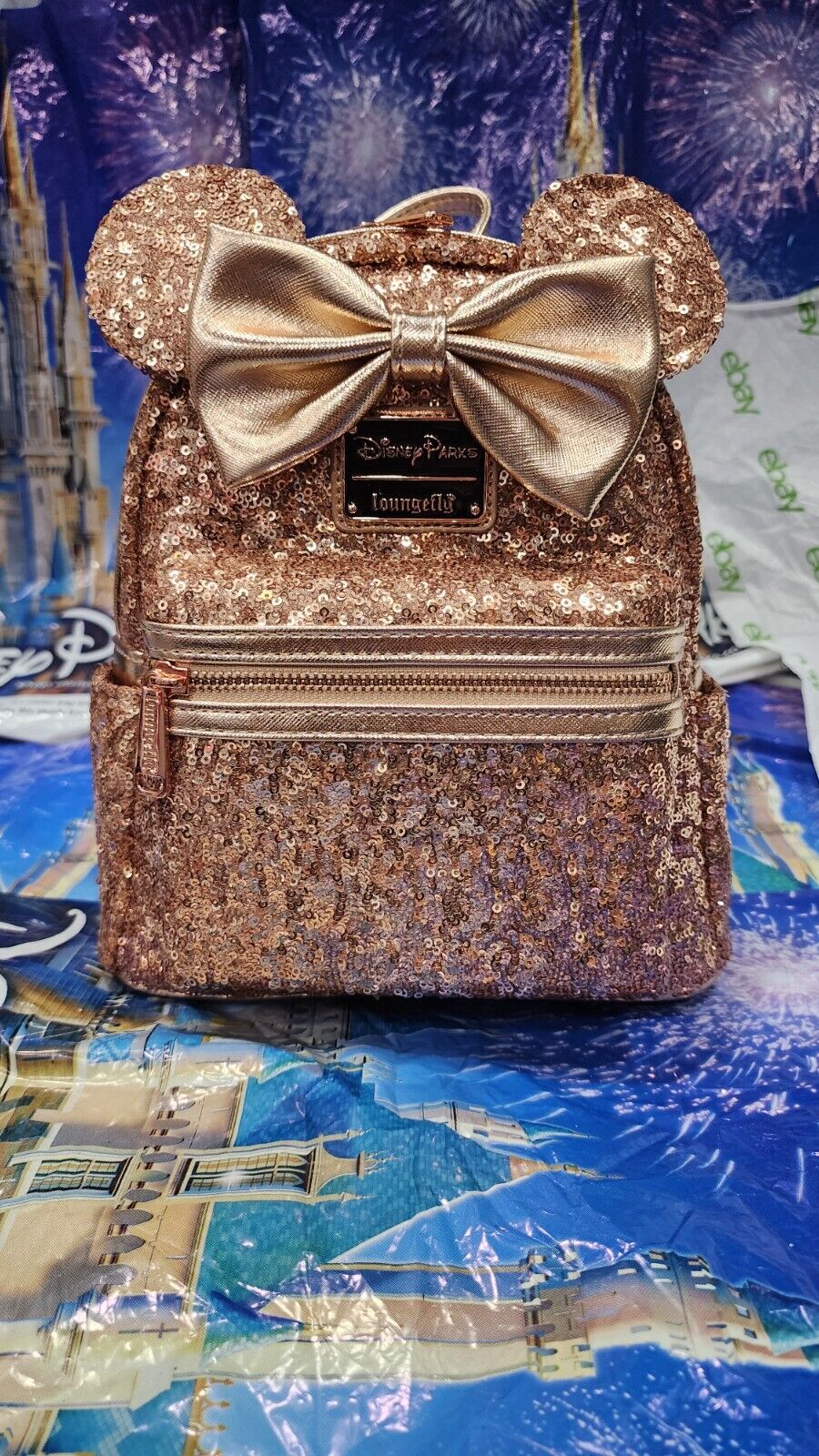 2019 Disney Parks Loungefly Minnie Mouse Sequin Rose Gold Mini Backpack NWT