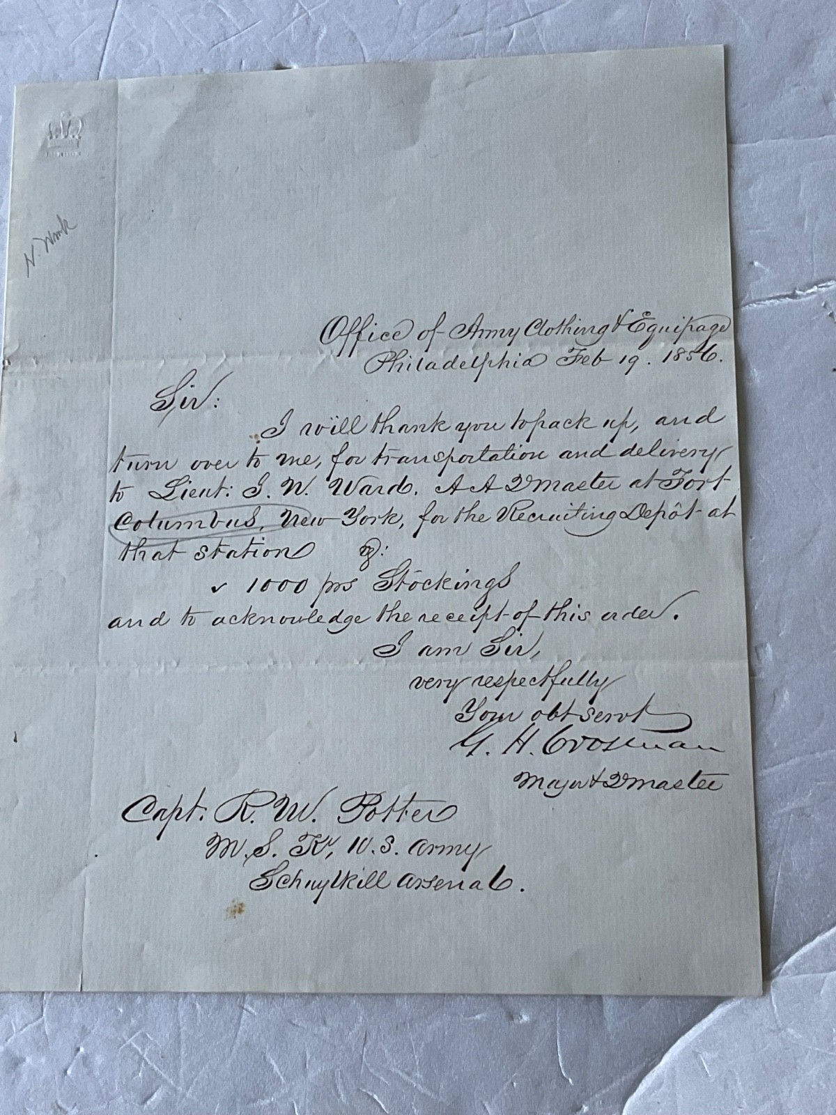 FT COLUMBUS NY HARBOR SUPPLY ORDER 1856 CAPT R M POTTER HAD HISTORY WITH ALAMO
