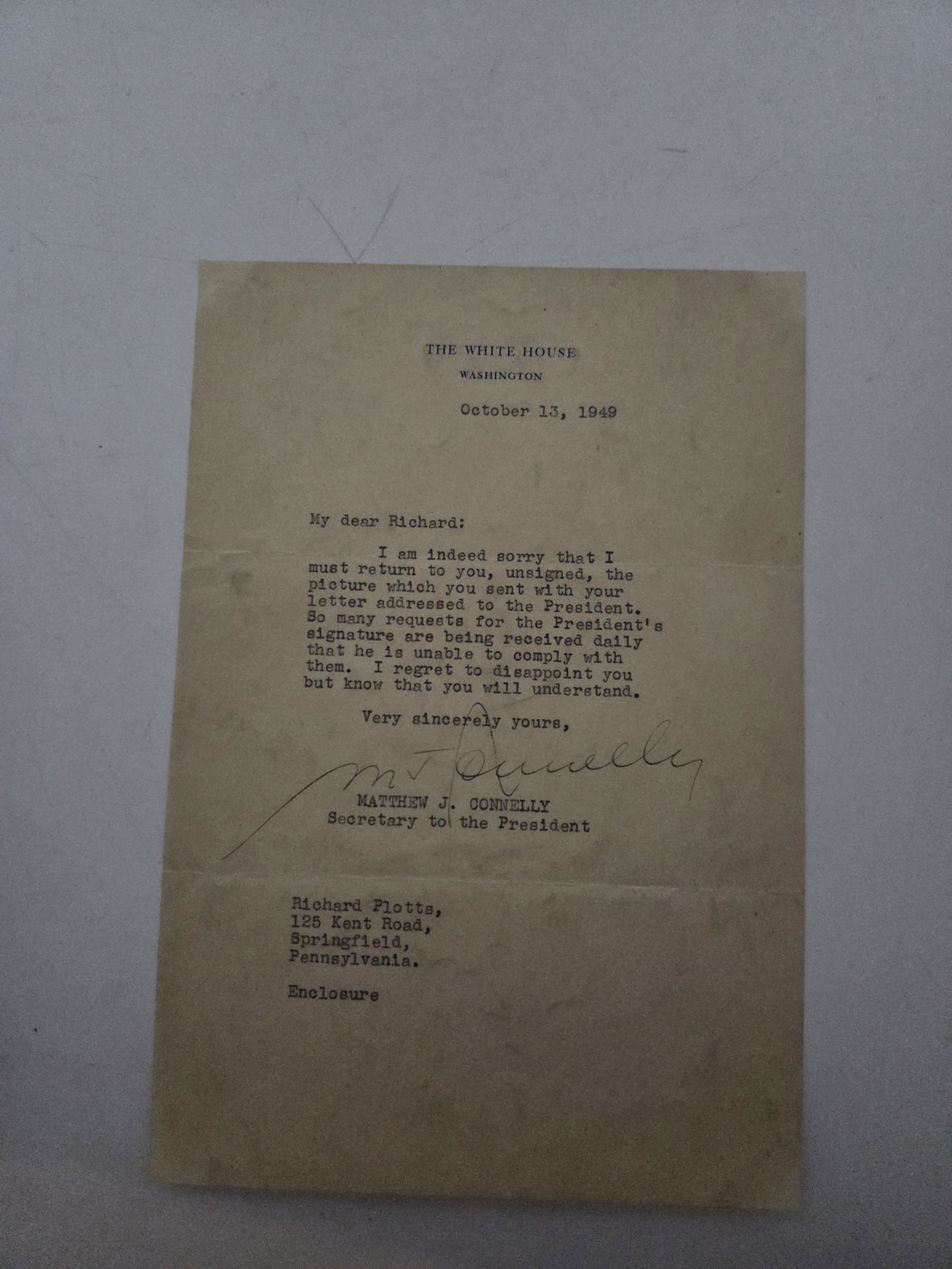 Harry S. Truman Secretary Signed Letter 1949